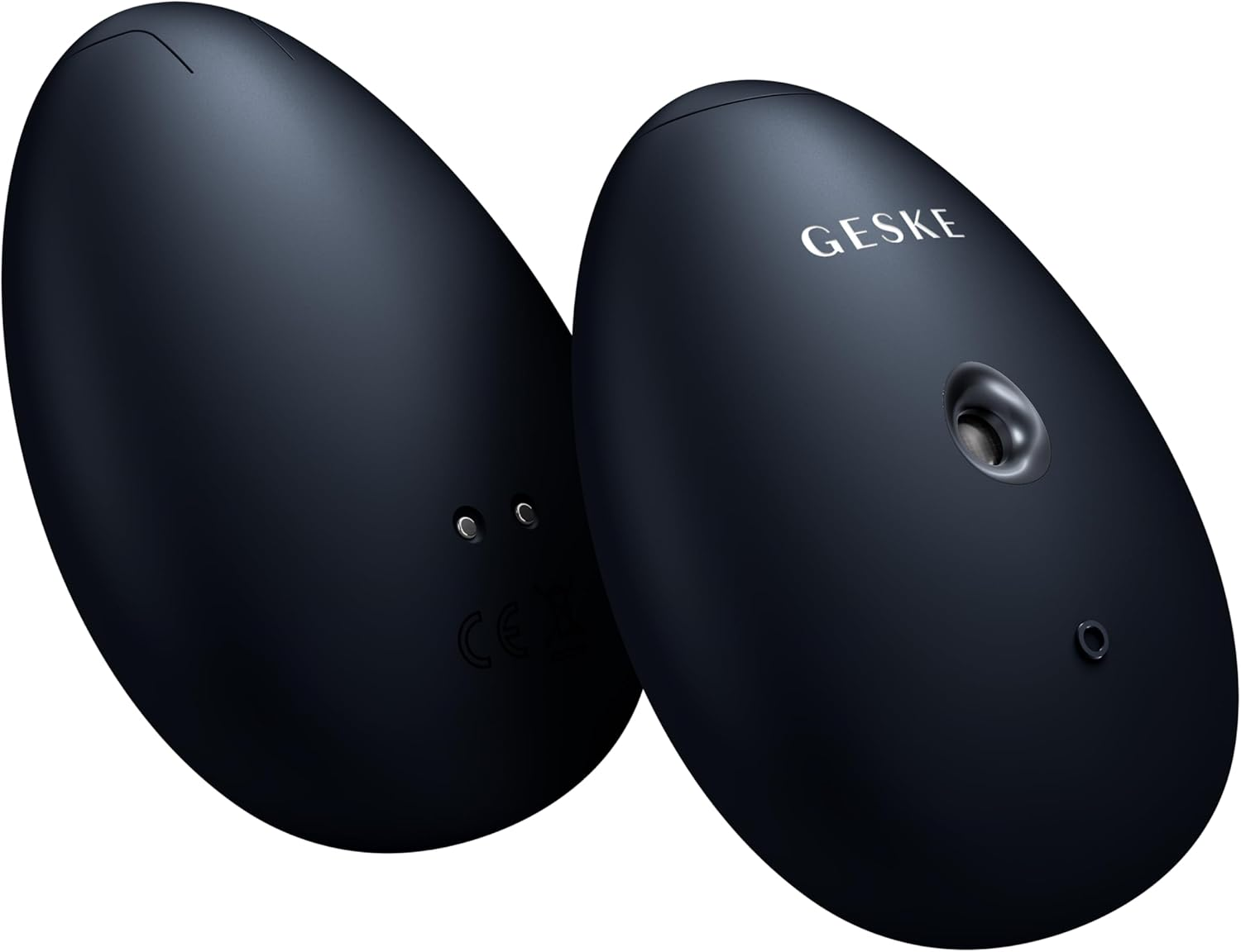 Dos dispositivos ovalados negros, uno con la marca Geske, ambos con pequeños detalles.