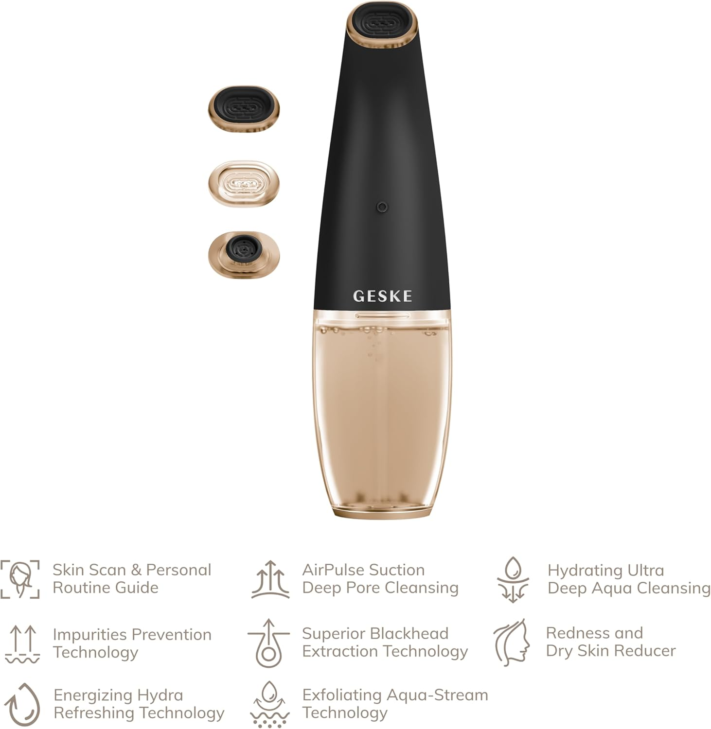 Dispositivo facial negro y dorado con tres cabezales y descripciones de texto abajo.