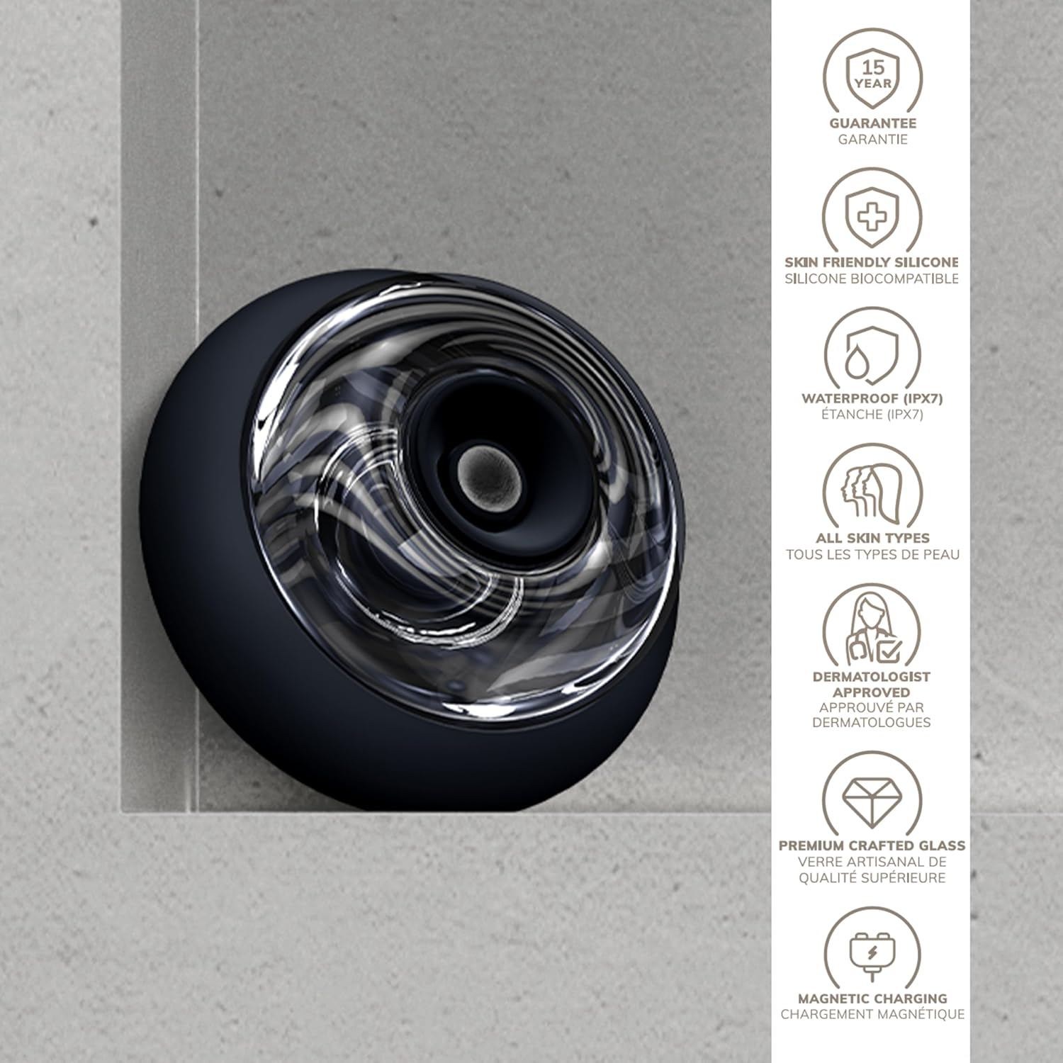 Un dispositivo negro en un hueco de piedra, con remolinos transparentes e iconos.