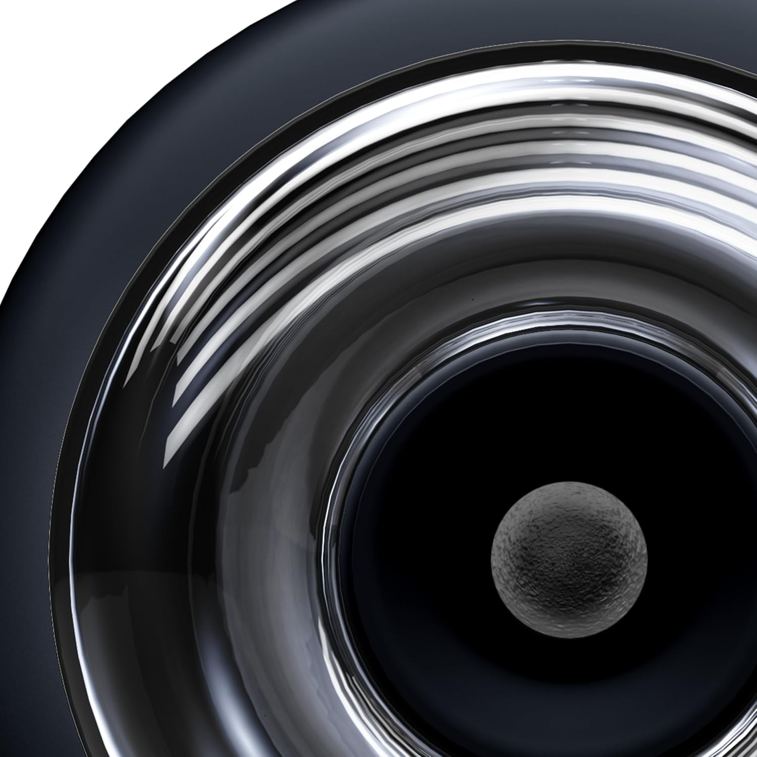Un primer plano de un dispositivo negro con anillos plateados y una esfera oscura en el interior.