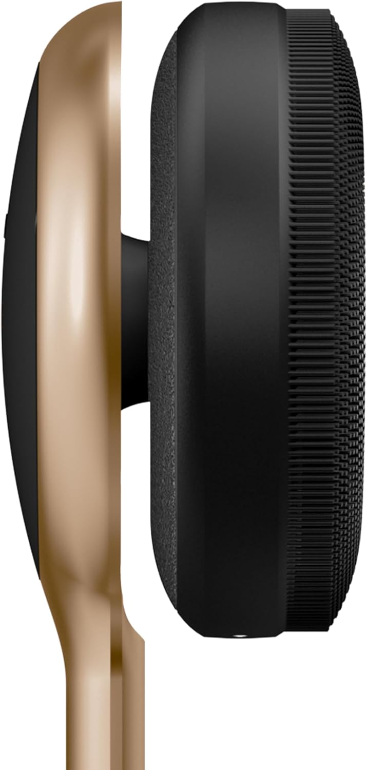 Primer plano de un altavoz negro y dorado con asa metálica curva.