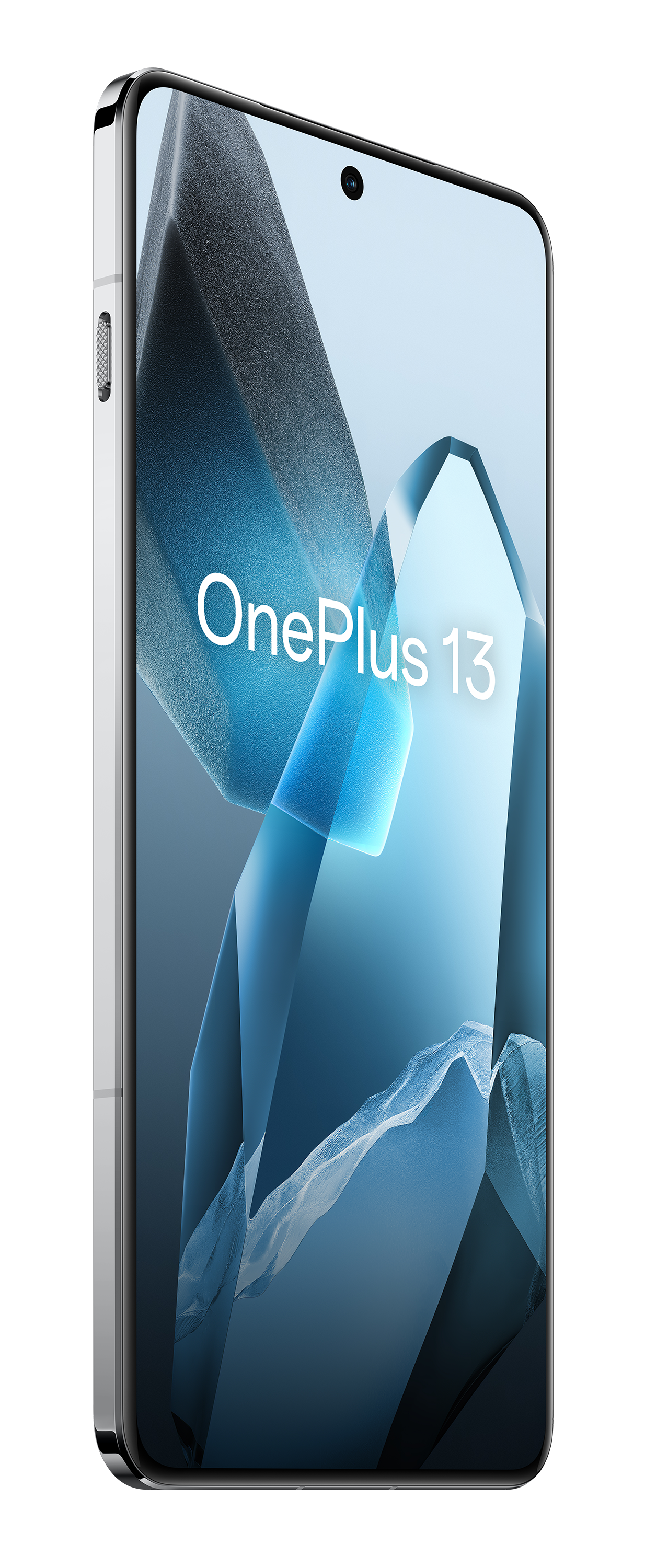 Srebrny telefon OnePlus 13 wyświetlany jest pod kątem, z niebieskim tłem.