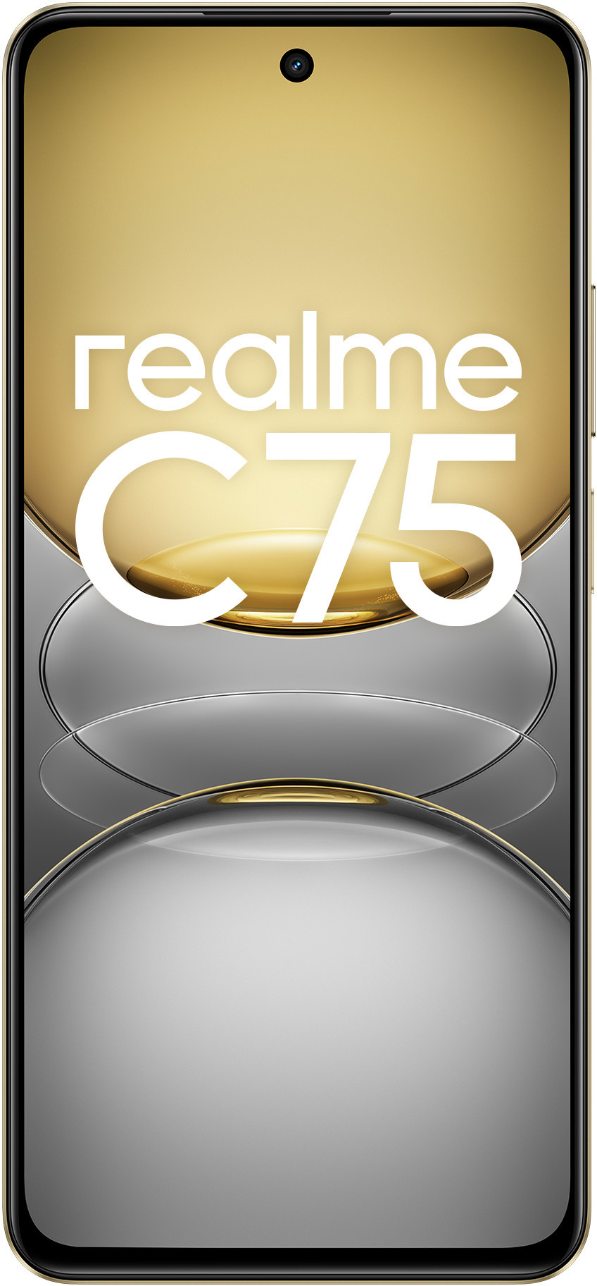 Złoty telefon z logo Realme C75 na ekranie i czarną obwódką.