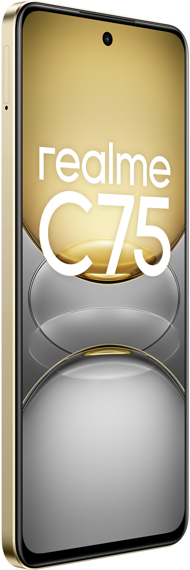 Złoty smartfon wyświetla markę i model.