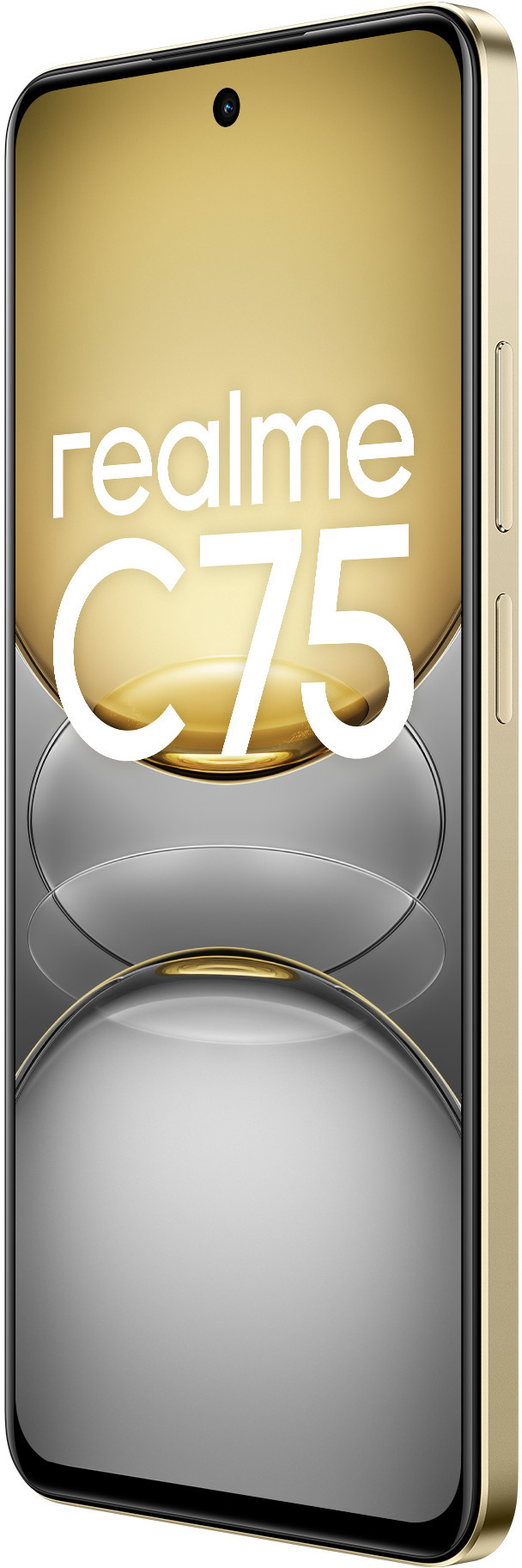 Złoty smartfon z dużym logo realme C75.