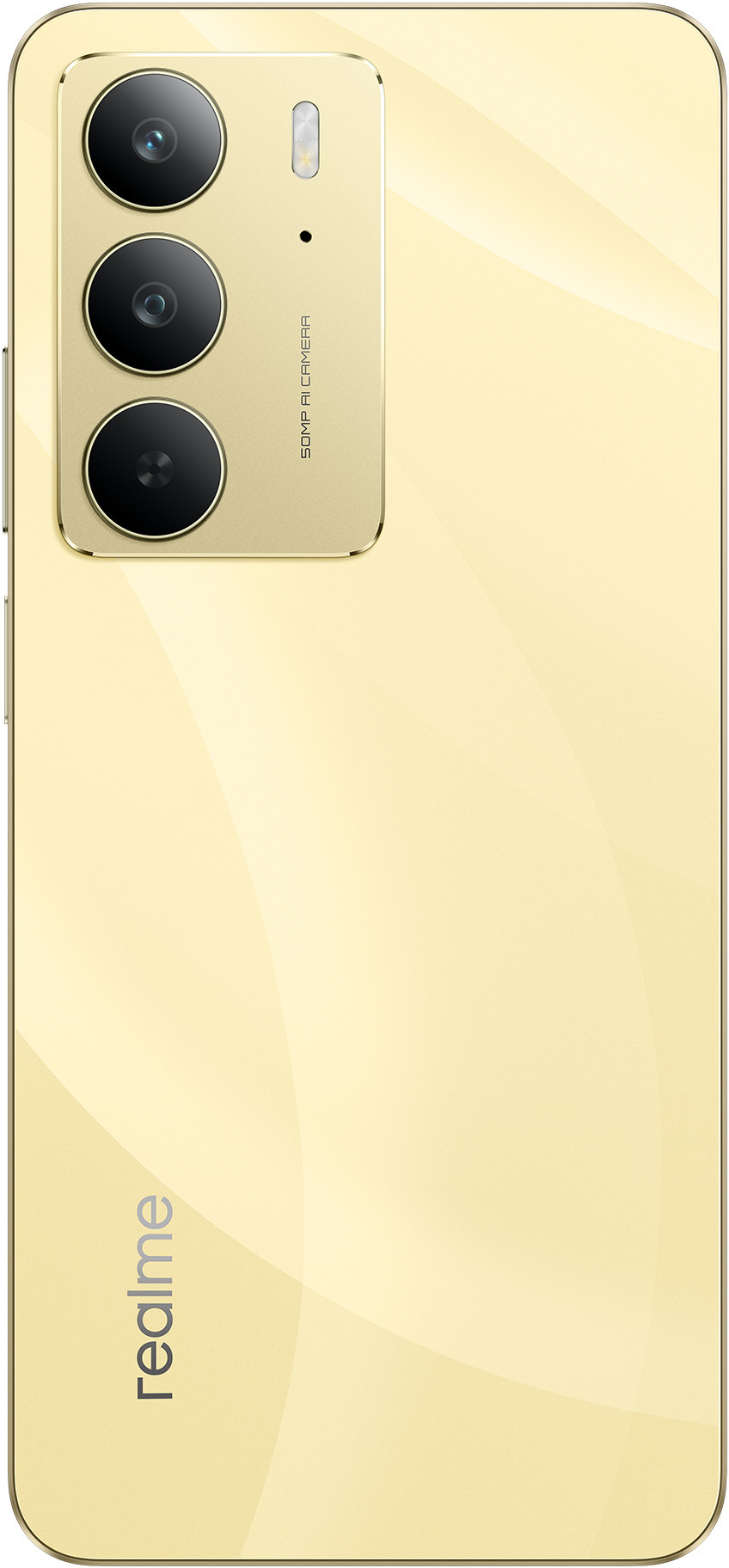 Żółty tył telefonu z trzema obiektywami aparatu i słowem „realme” na dole.