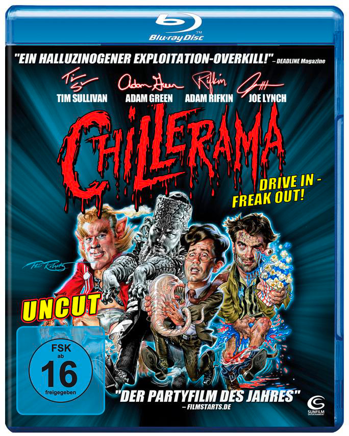 Blu-ray Disc Hülle für den Film Chillerama. Enthält cartoonartige Charaktere und Titeltext.