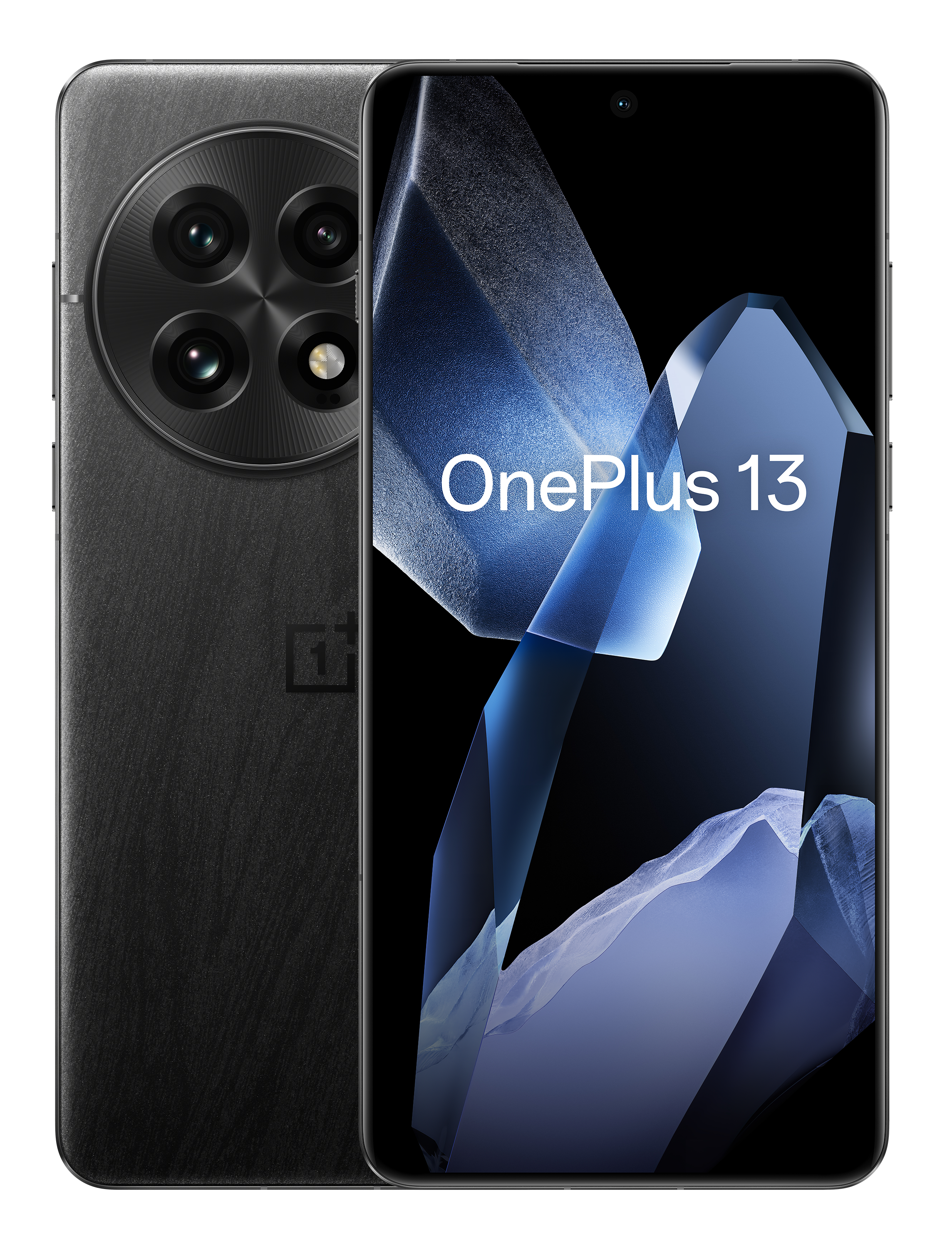 Czarny telefon OnePlus 13 z teksturowanym tyłem. Ekran wyświetla niebieską grafikę kryształu.