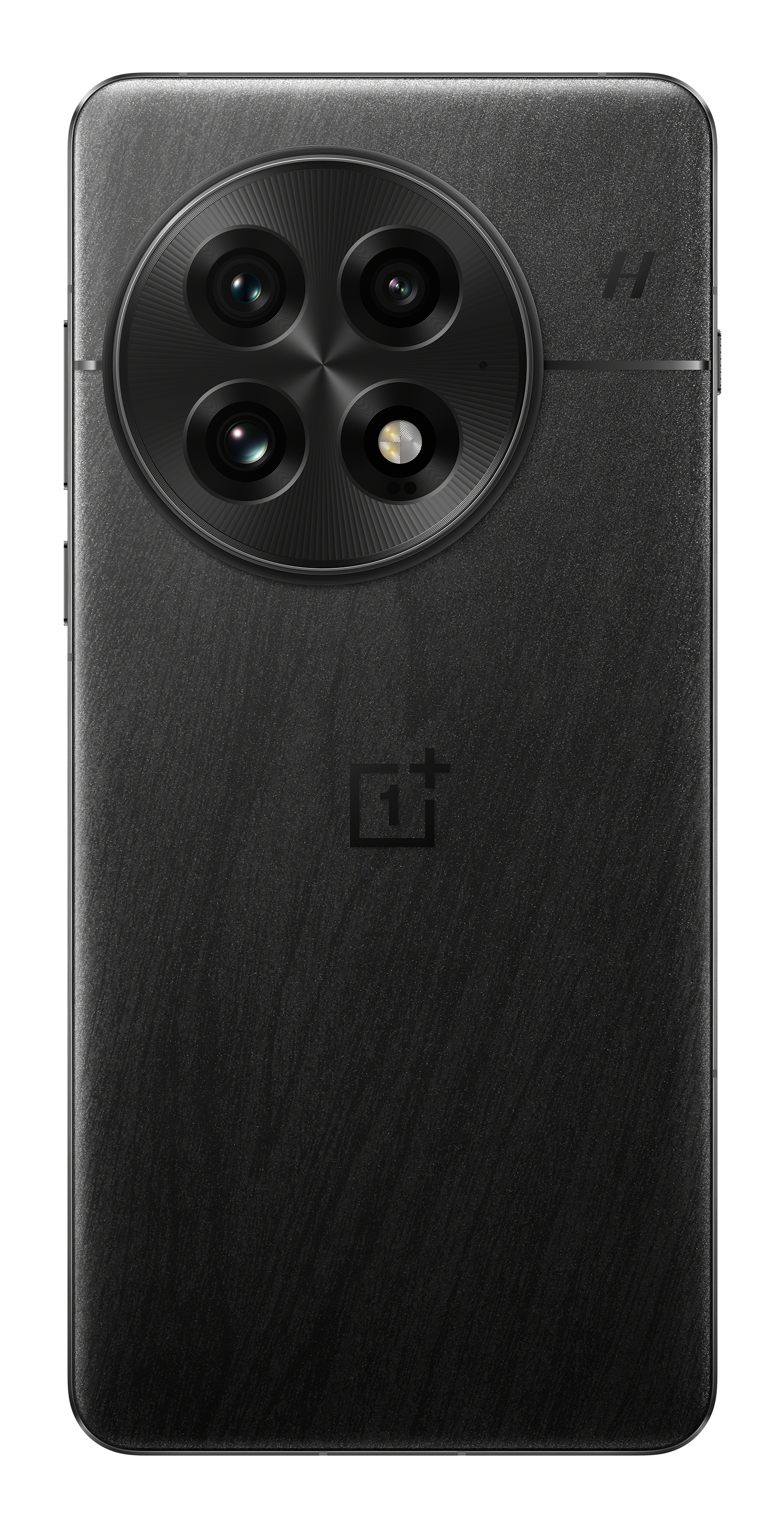 Czarny tył telefonu z zestawem kamer. Teksturowana powierzchnia i logo OnePlus. Czarne tło.