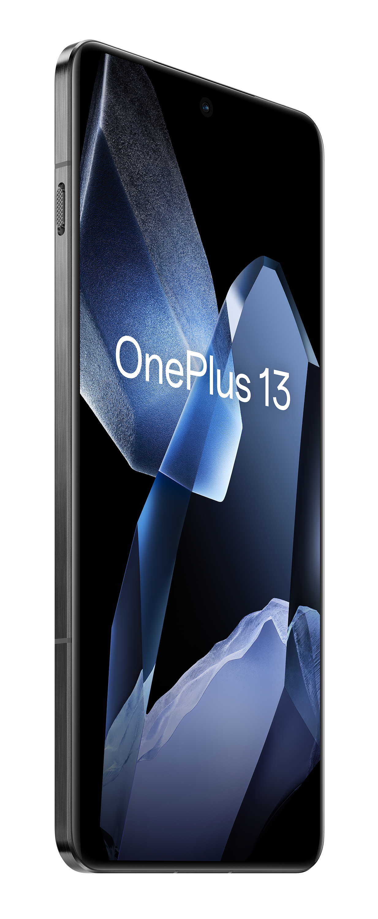 Czarny smartfon z tekstem 'OnePlus 13' na ekranie. Niebieskie abstrakcyjne tło. Czarna ramka.