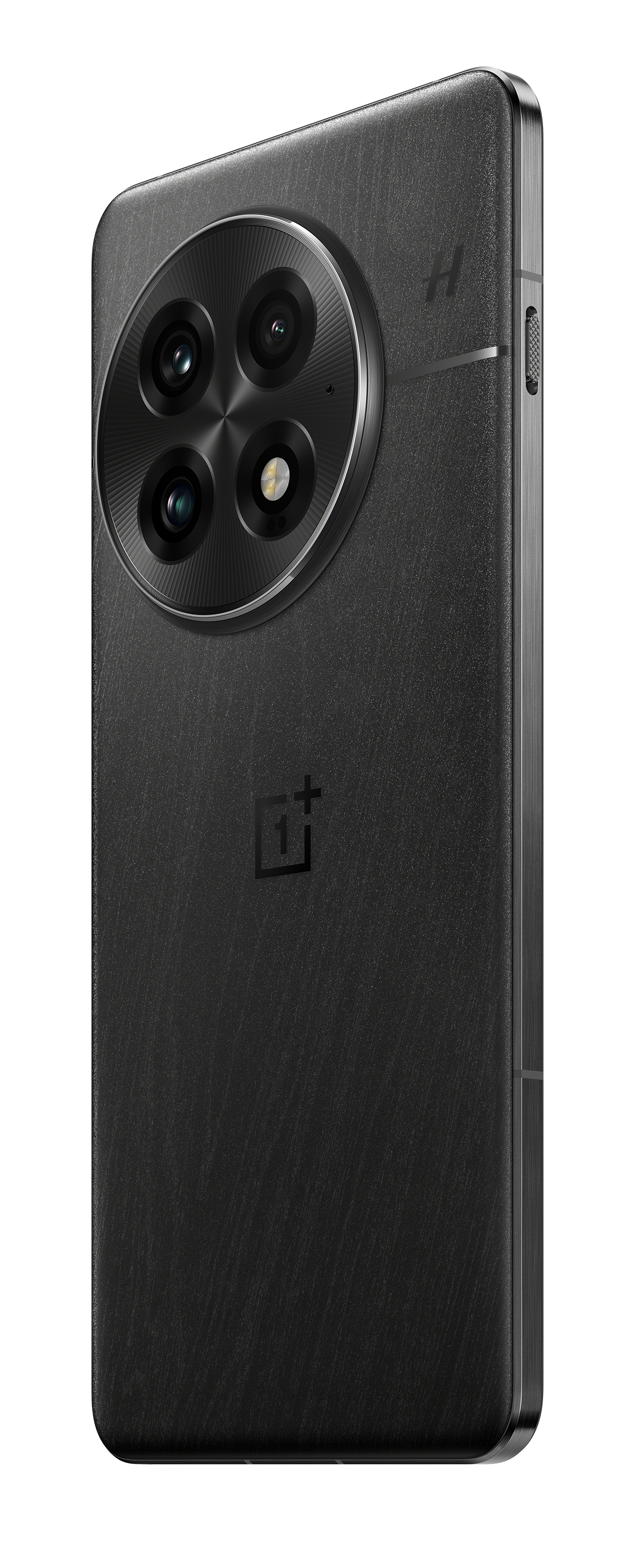 Czarny tył telefonu z zestawem kamer. Teksturowana powierzchnia, logo OnePlus. Czarna ramka. Czarne tło.