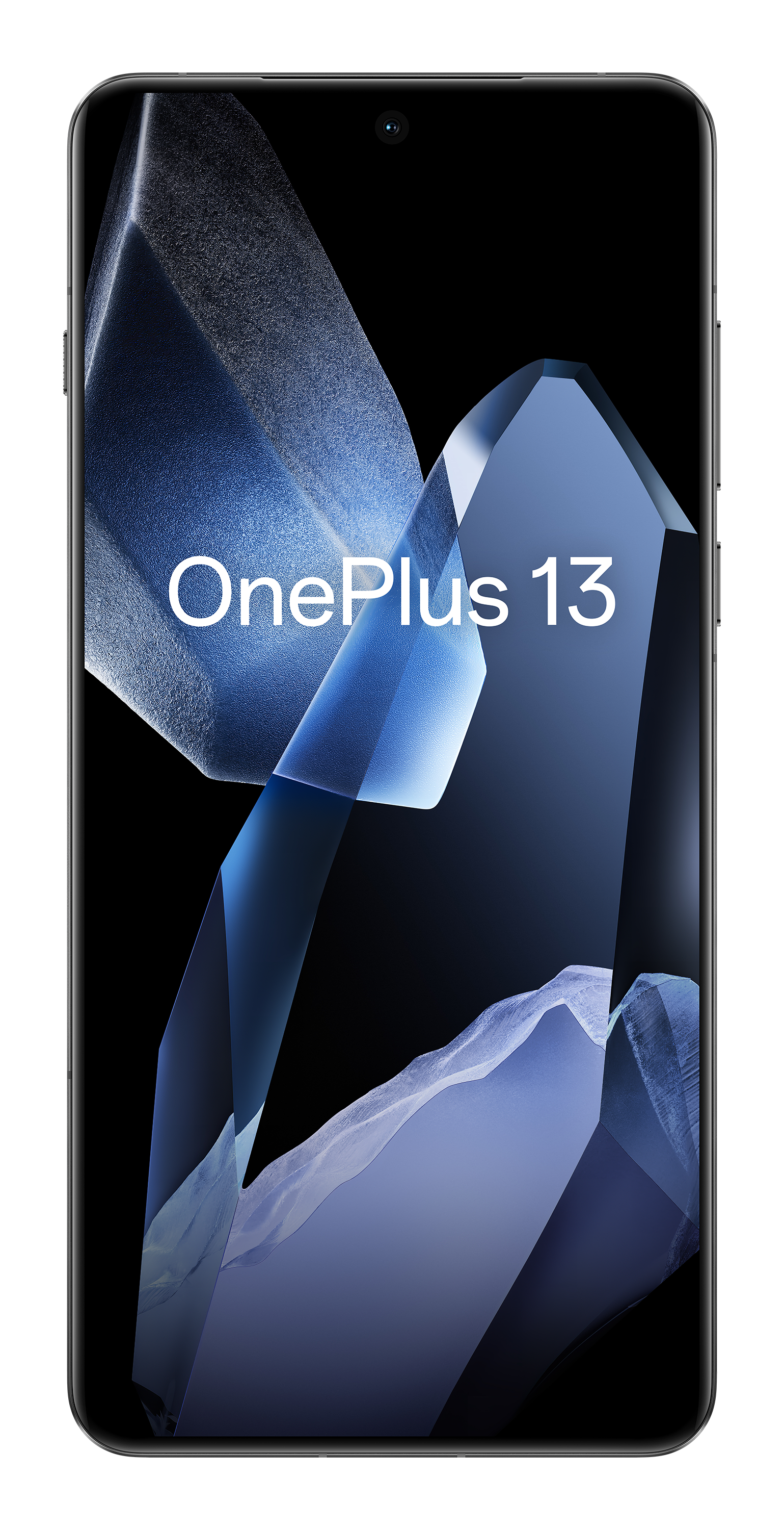 Ekran telefonu wyświetlający 'OnePlus 13'. Niebieskie abstrakcyjne tło. Czarna ramka. Czarne tło.