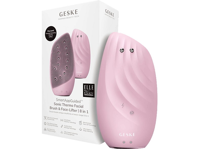 Limpiador facial - Geske Sonic Thermo Facial Brush & Face-Lifter 8 en 1, Reafirma y tonifica piel, IPX7, Rosa