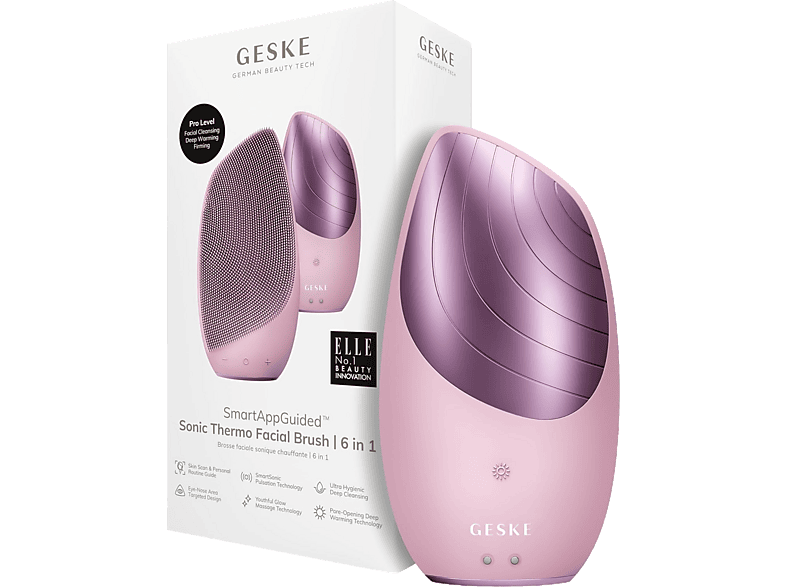 Limpiador facial - Geske Sonic Thermo Facial Brush 6 en 1, Limpieza de poros, Masaje facial, IPX7, Rosa