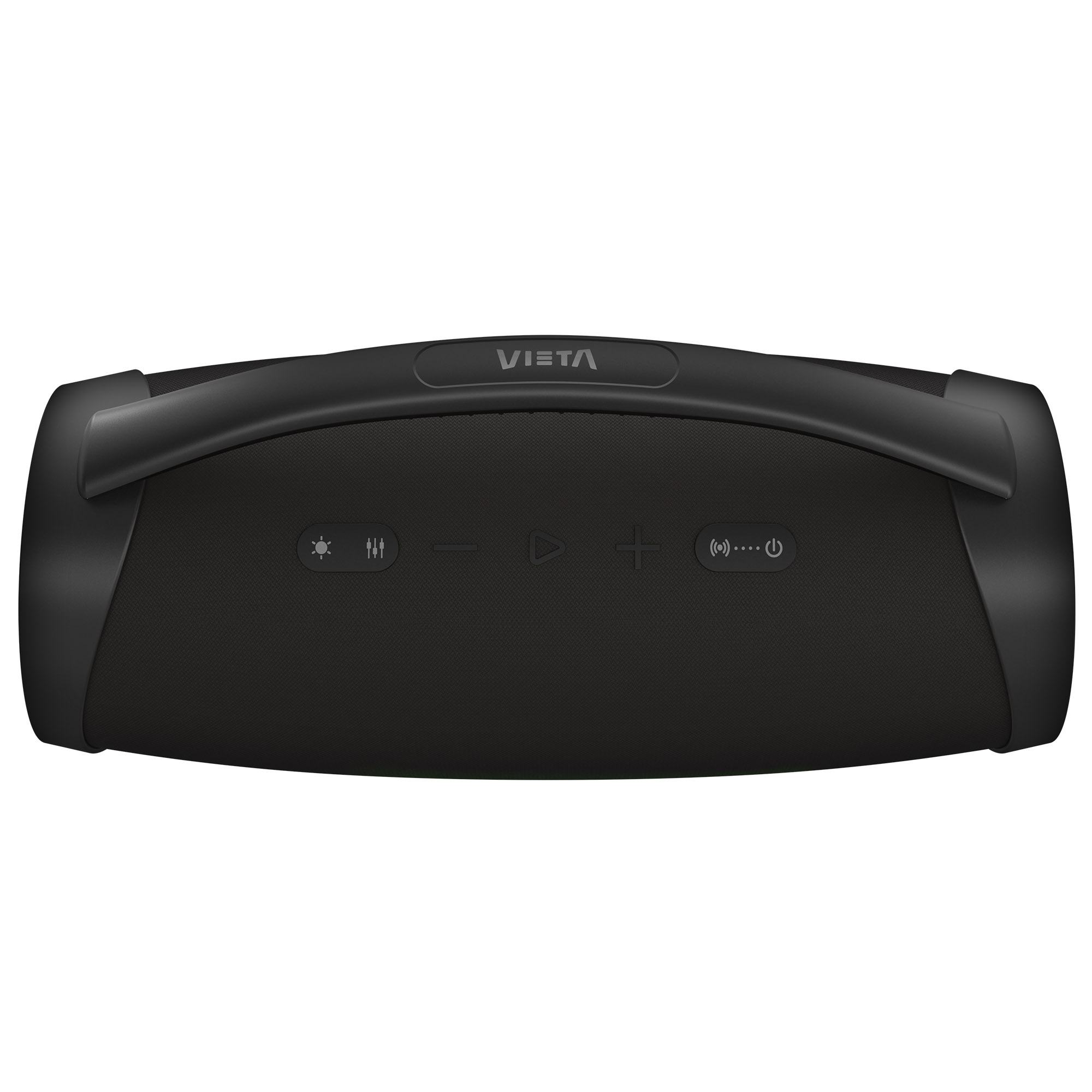 Altavoz VISTA rectangular negro con botones de control. Tiene un asa en la parte superior. Fondo blanco.