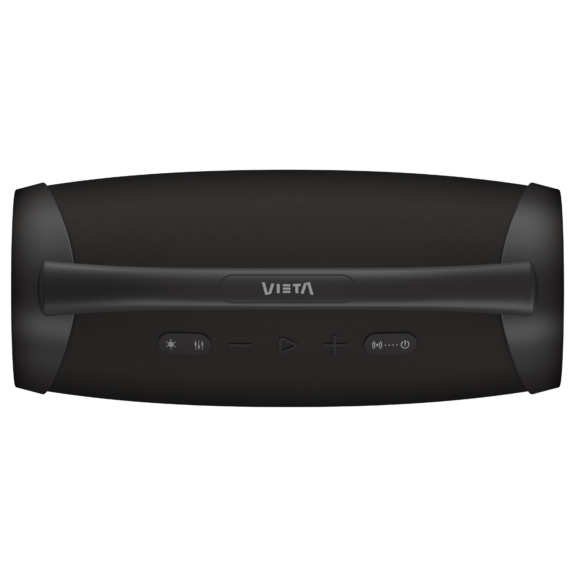 Un altavoz Vista negro con asa y botones de control sobre un fondo blanco.