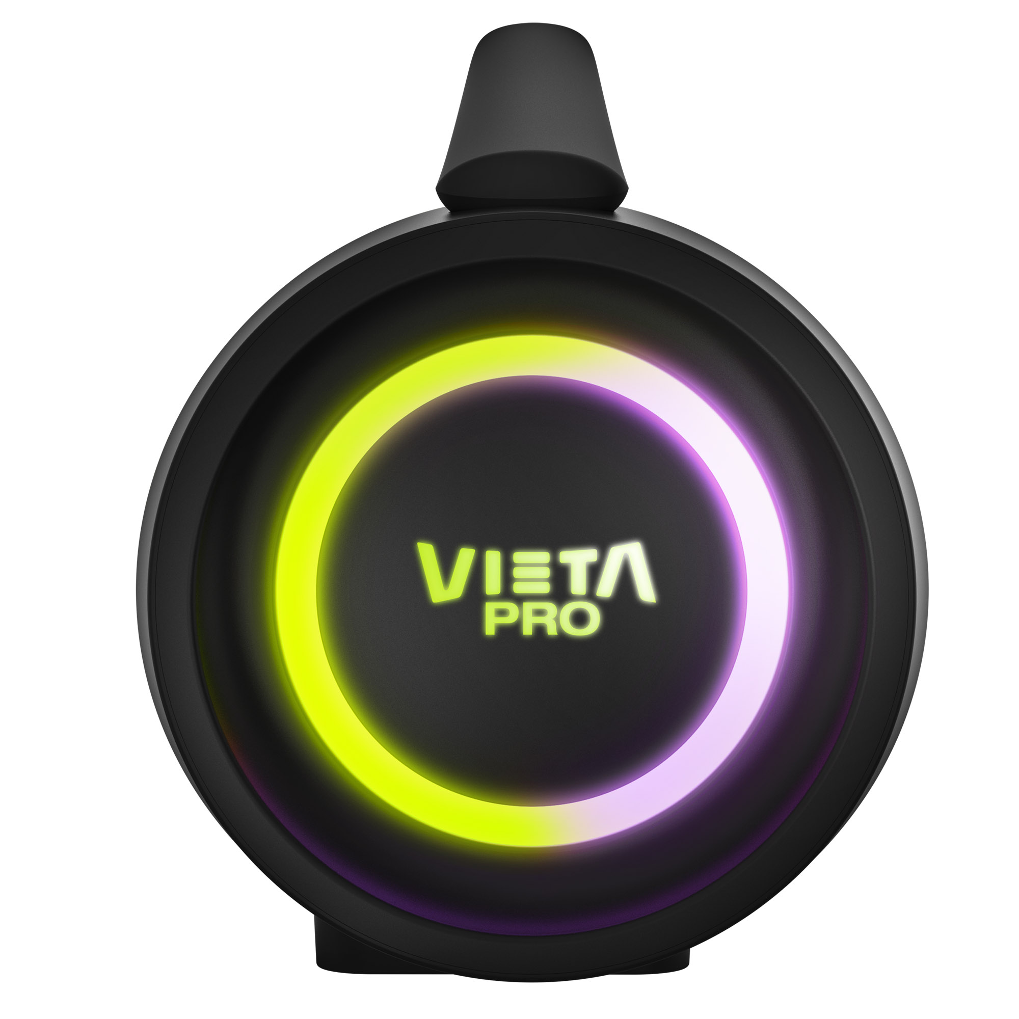 Altavoz negro y redondo con anillo de luz. 'VISTA PRO' en letras blancas.