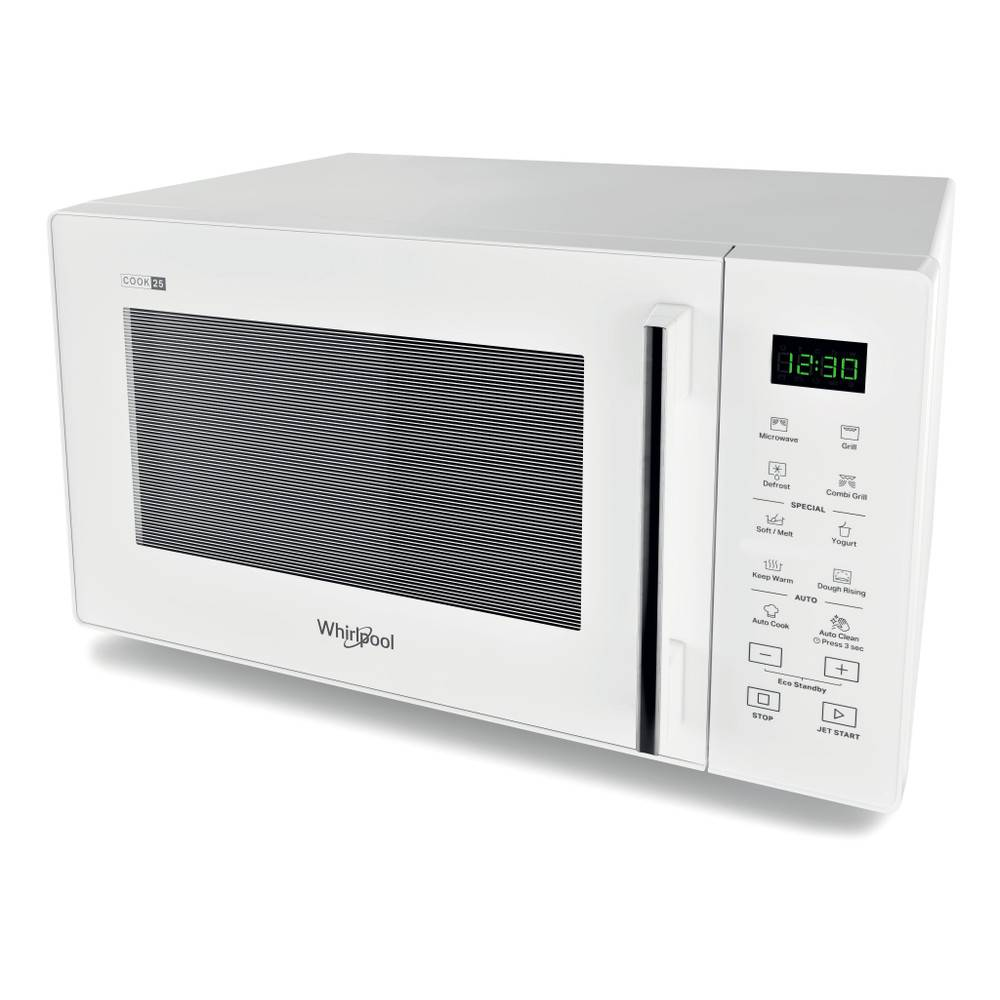 Horno microondas blanco. La pantalla digital muestra la hora. Botones para varias opciones de cocción.