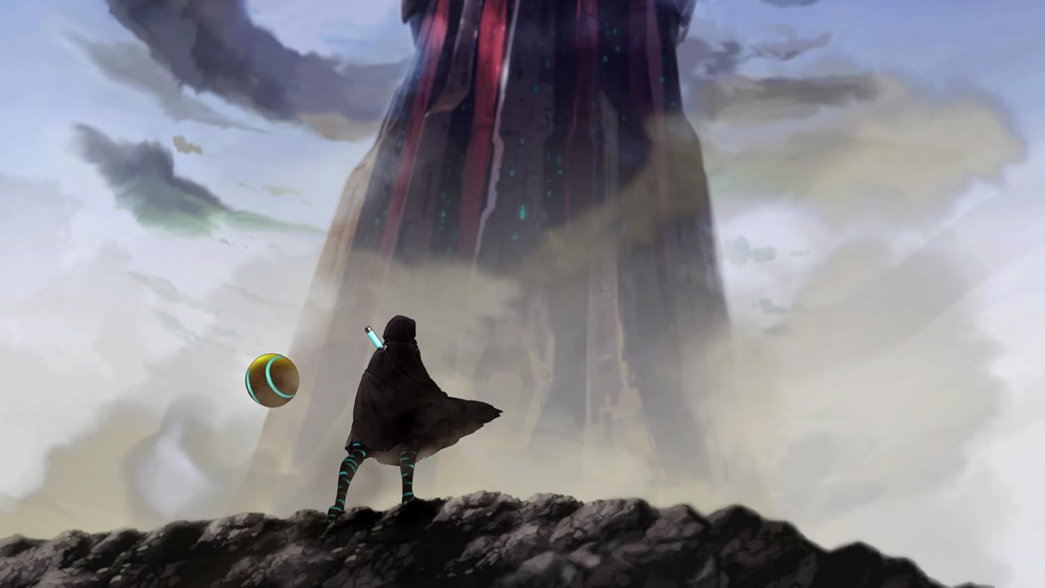 Una figura de negro de pie sobre una roca, mirando una estructura alta y oscura a lo lejos.