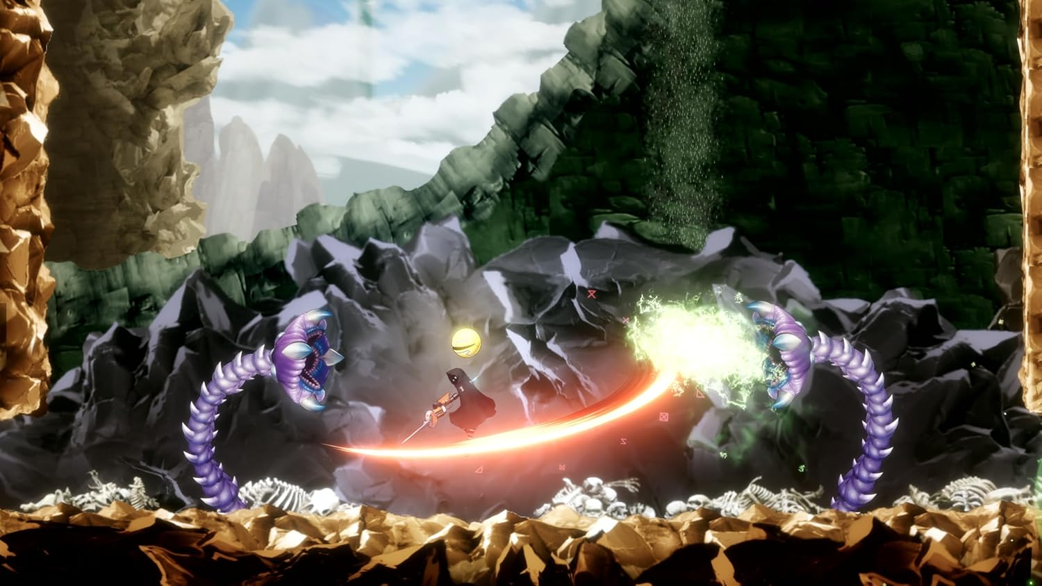 Una escena de videojuego. Una figura lucha contra monstruos con una espada, creando un arco de energía roja.