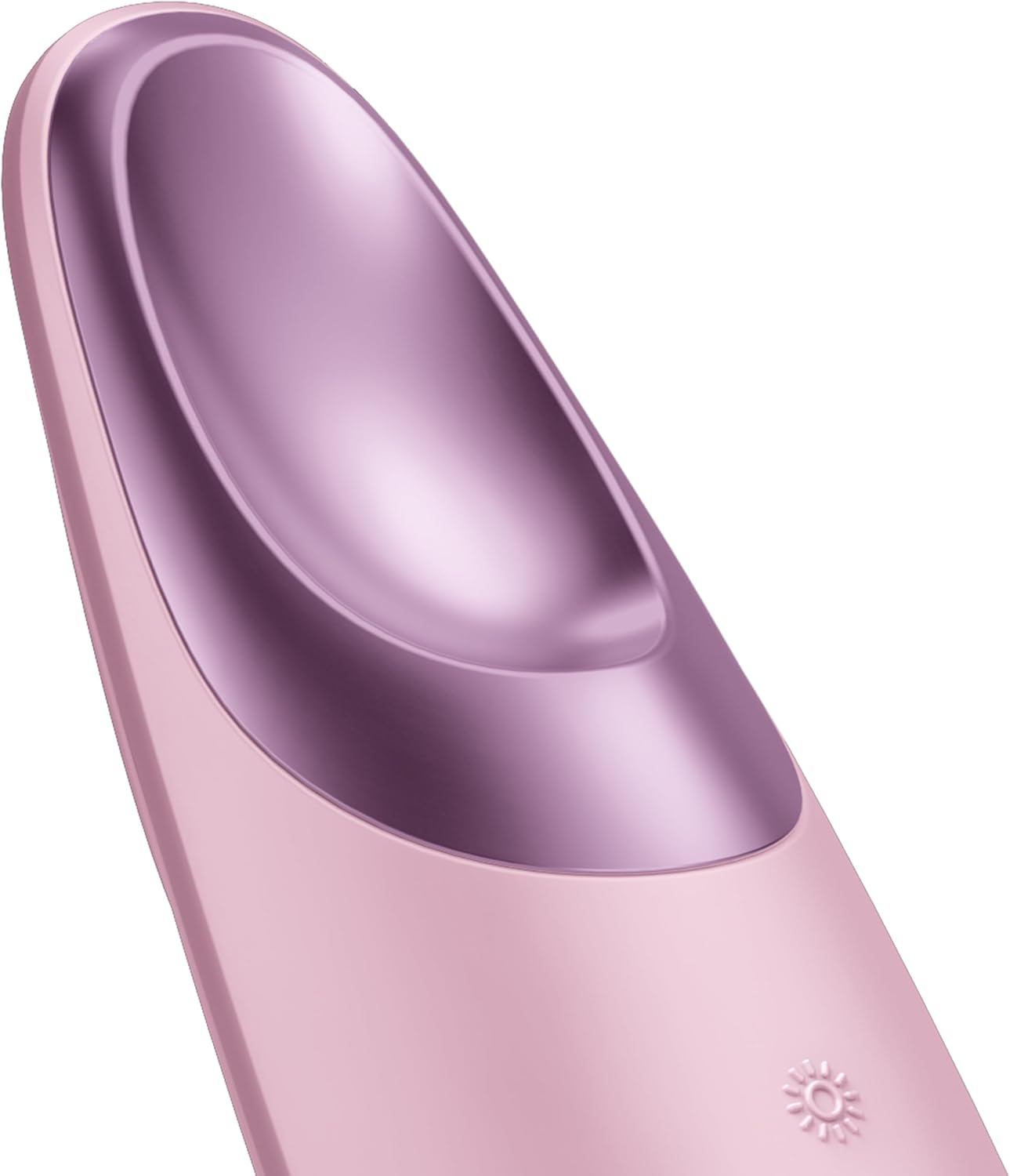 Juguete sexual rosa con parte superior morada y pequeño símbolo de luz.