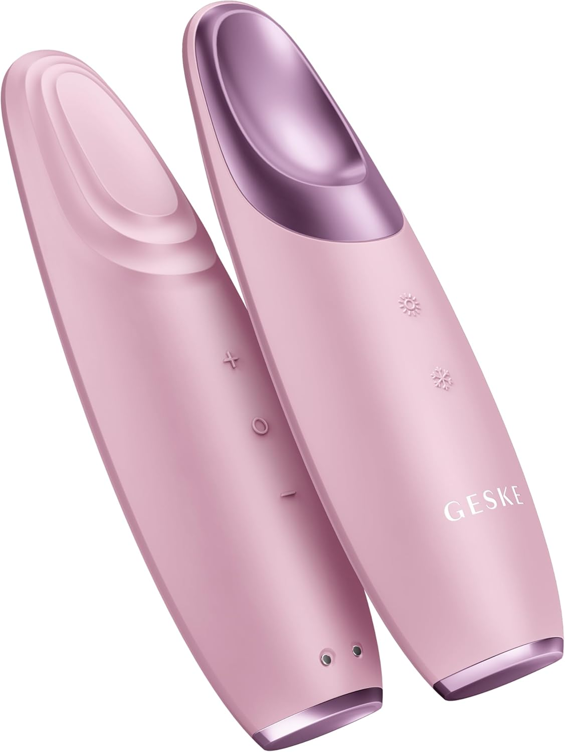 Dos dispositivos de limpieza facial rosas sobre fondo blanco, con diseño elegante.