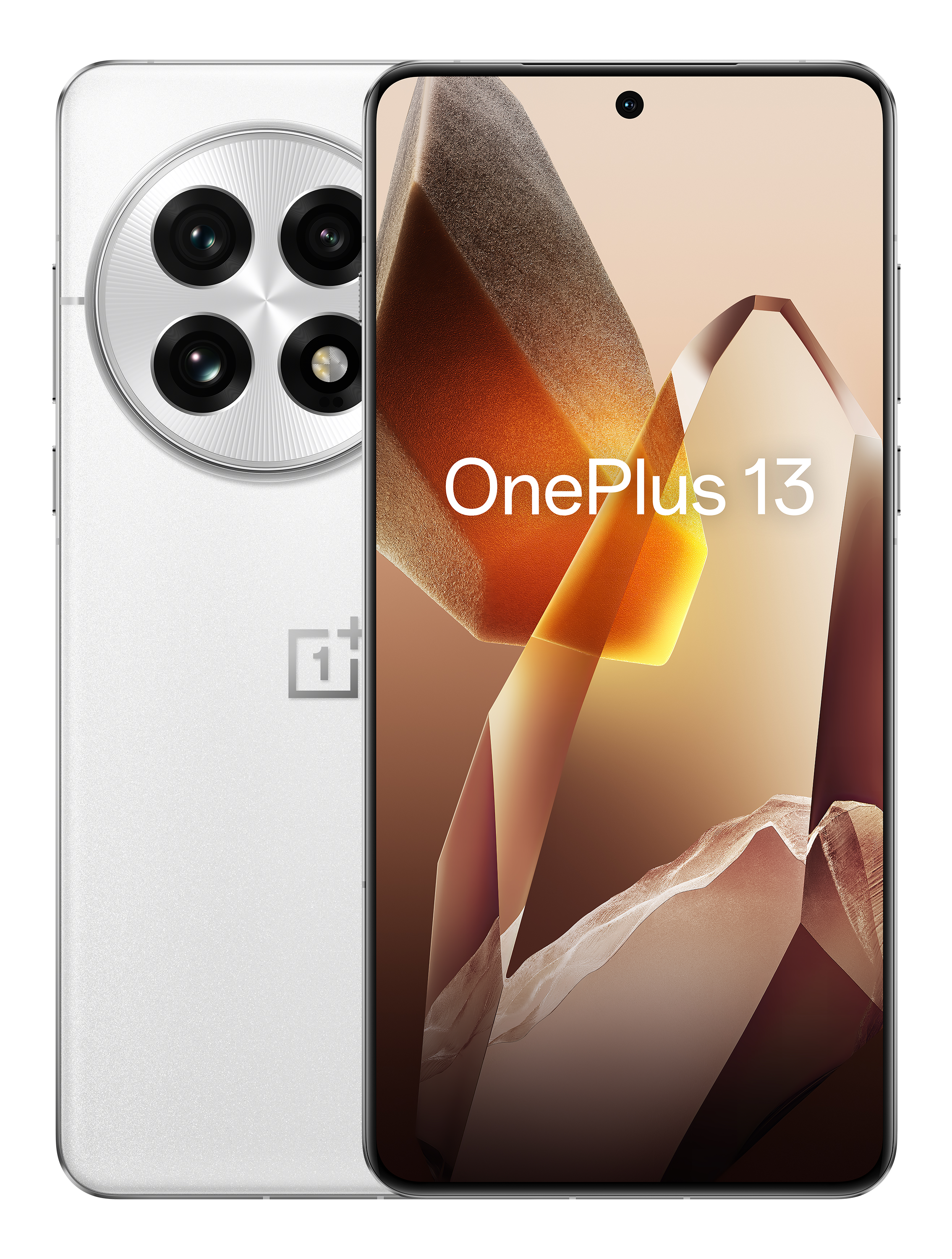 Biały smartfon OnePlus 13. Wyświetla jasny, abstrakcyjny obraz, z aparatem z tyłu.