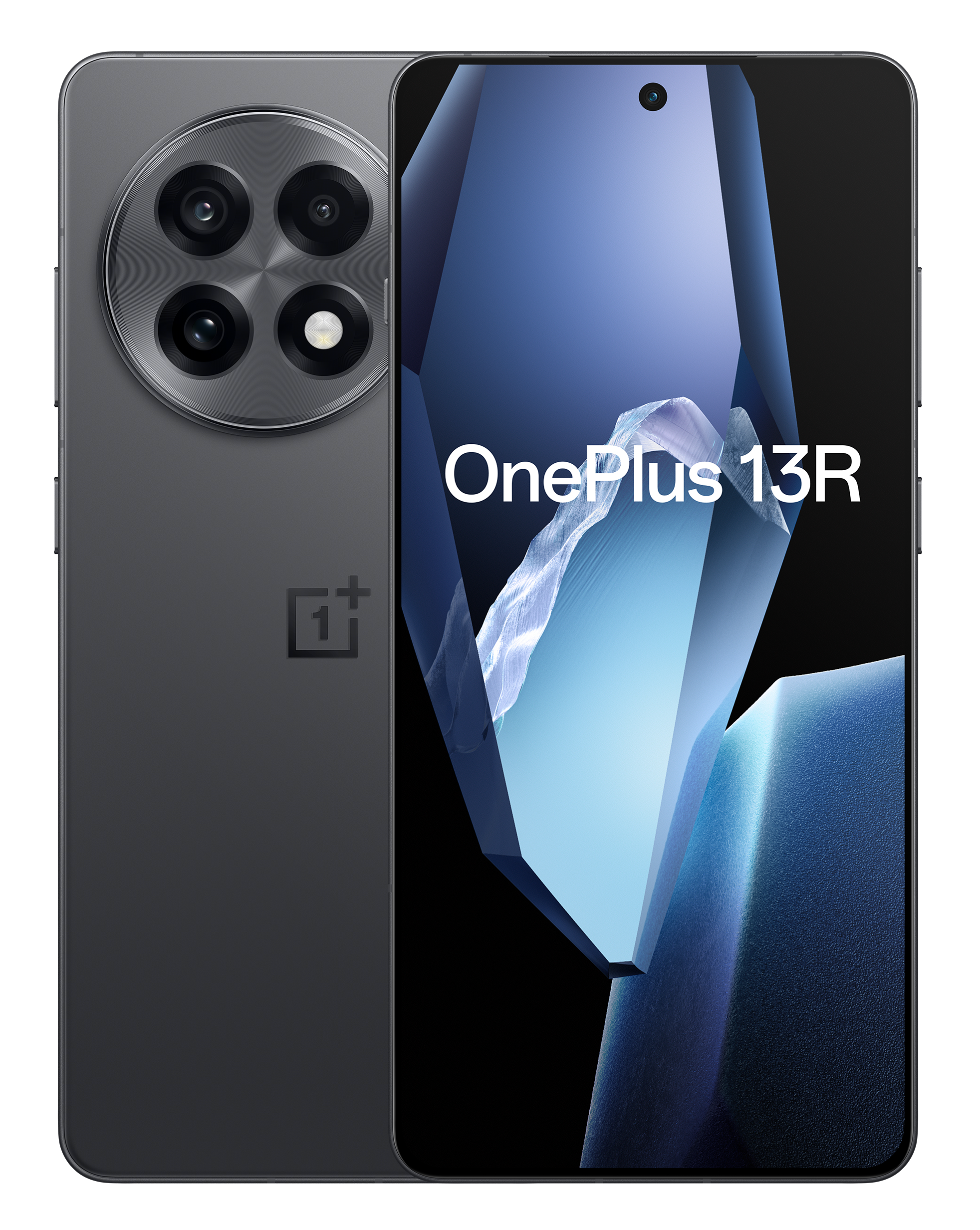 Czarny telefon z trzema aparatami z tyłu i przednim aparatem, tekst OnePlus 13R.