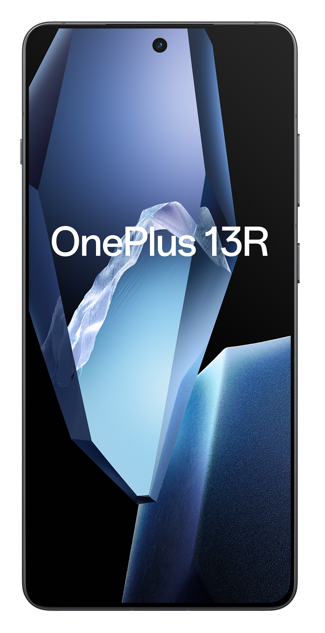 Telefon OnePlus 13R z niebieskim abstrakcyjnym wzorem na ekranie.