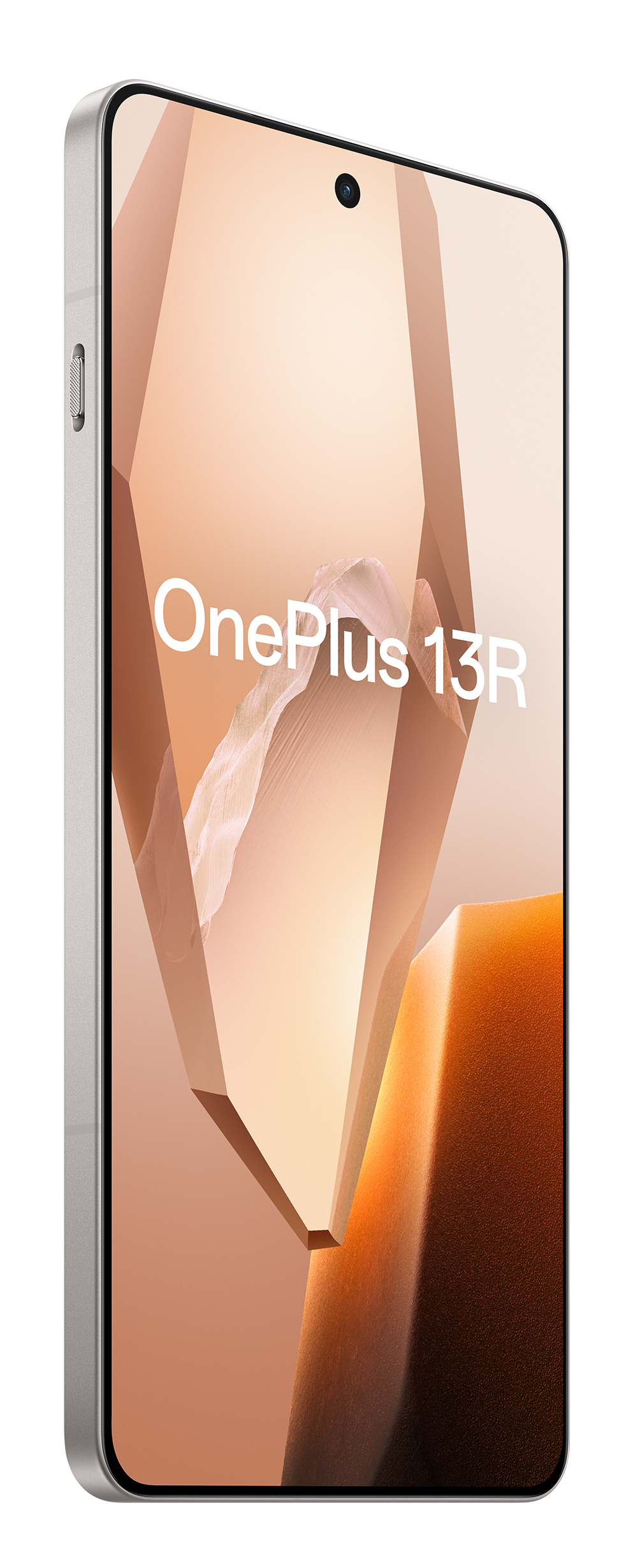 Srebrny telefon OnePlus 13R z jasnym tłem i nazwą marki.
