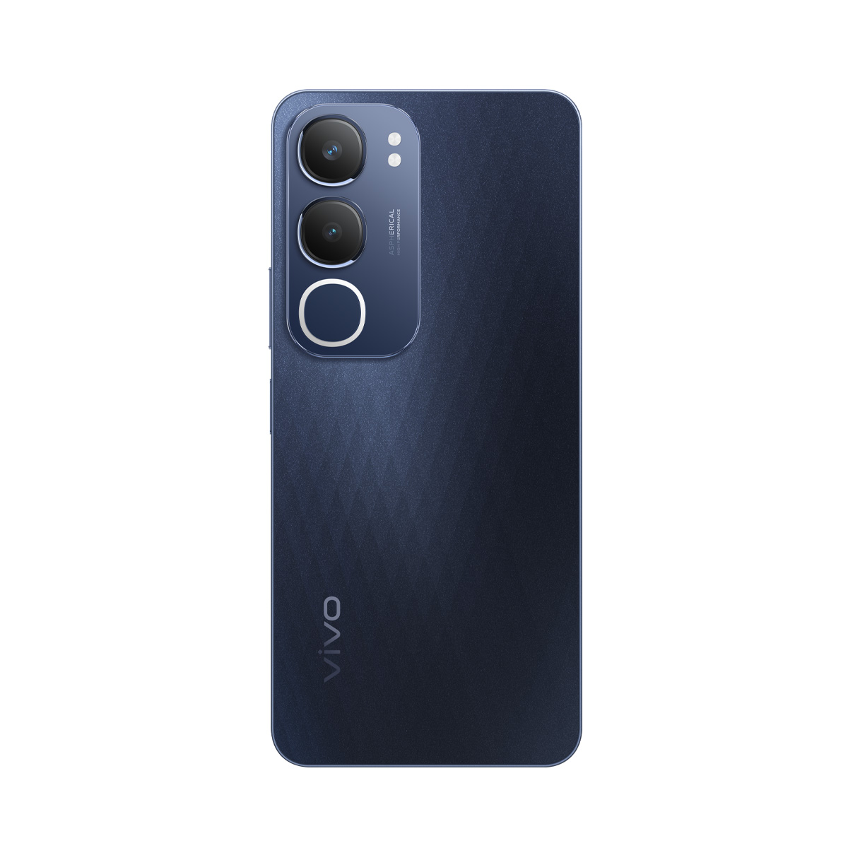 Üç kamerası ve bir logosu olan koyu mavi bir akıllı telefonun arka görünümü.