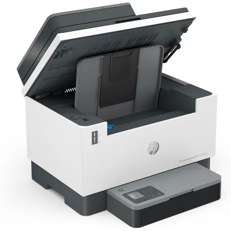 İç bileşenleri ve bir kontrol panelini ortaya çıkaran, açık bir HP yazıcı.