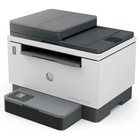 Üstünde tarayıcı bulunan, beyaz ve gri HP LaserJet Tank 2602dw yazıcı.