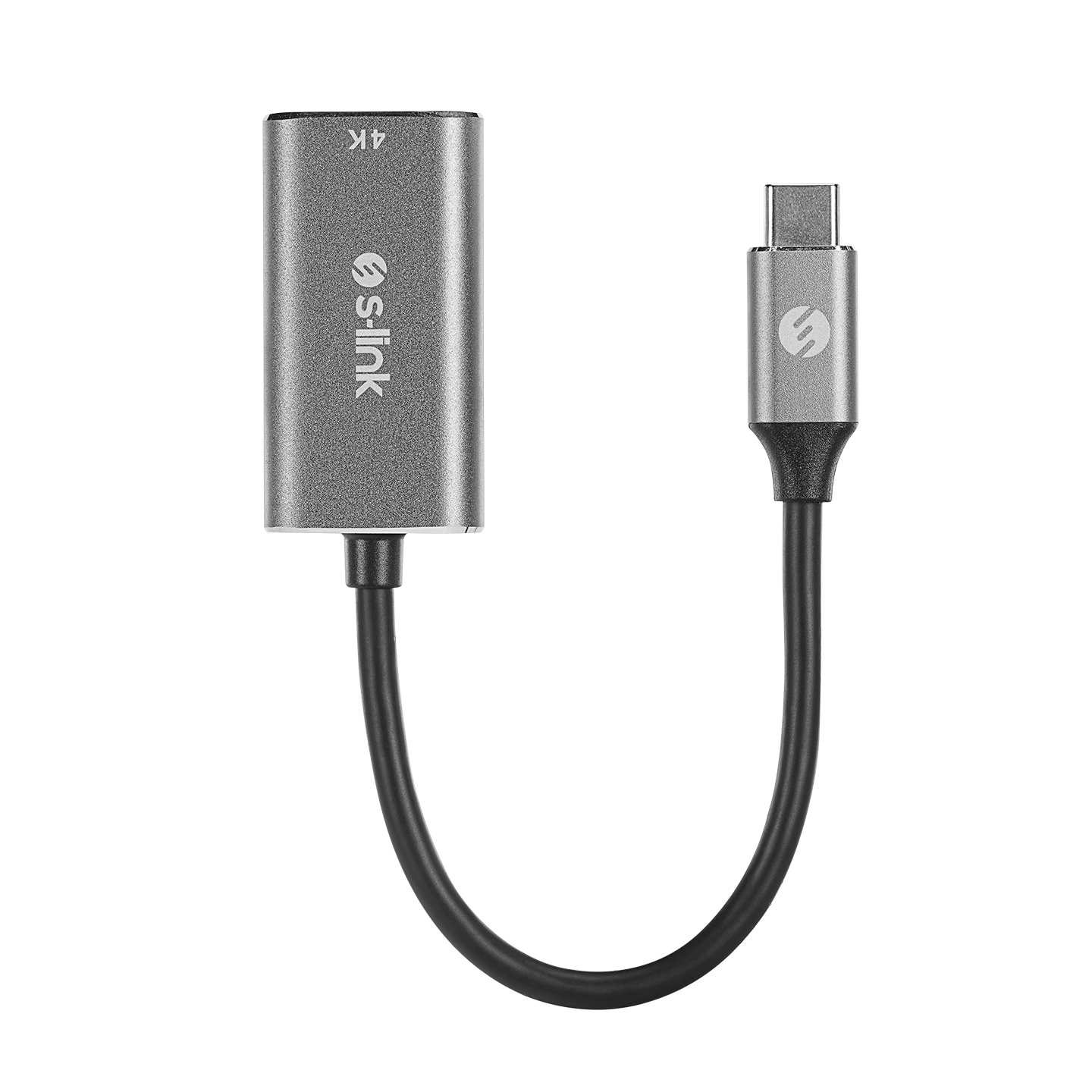 Siyah kablolu gümüş USB-C - HDMI adaptörü; beyaz zemin.