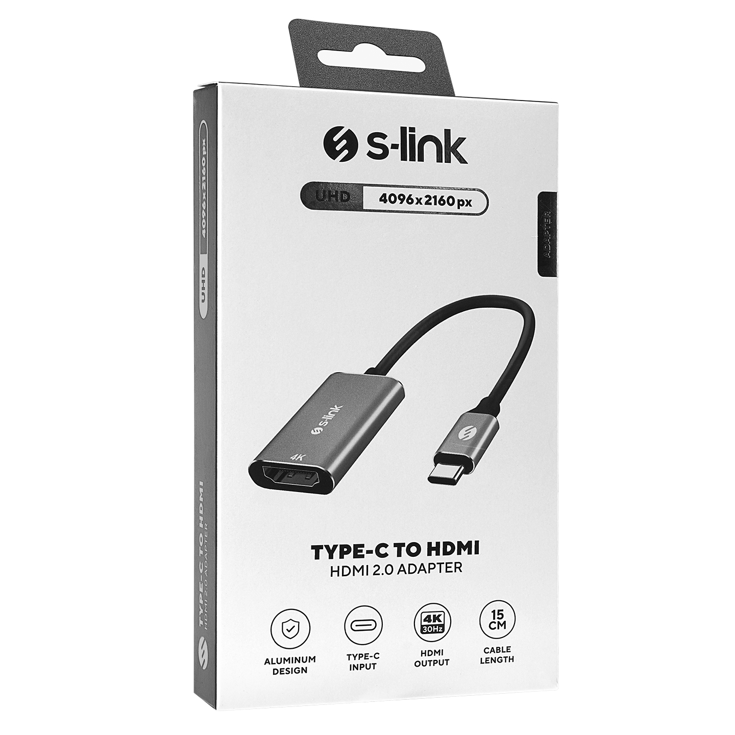 İçinde Tip-C - HDMI adaptörü bulunan beyaz ve gri bir kutu, çeşitli simgelerle.