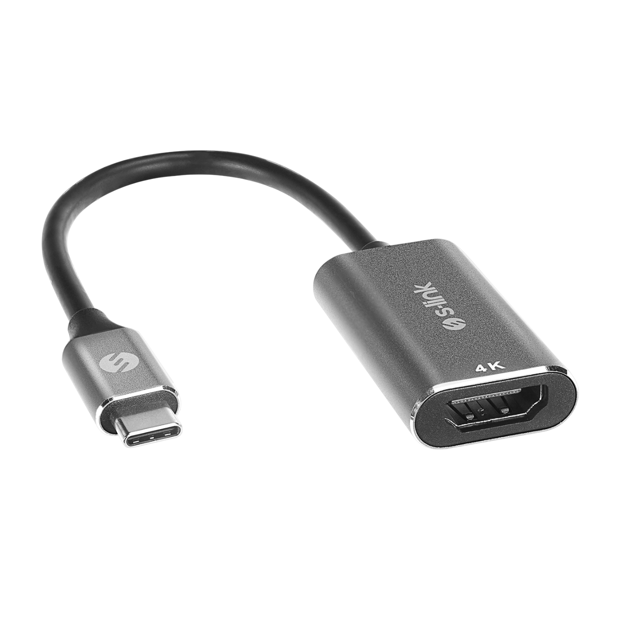 Siyah bir USB-C - HDMI adaptör kablosu. s|link marka adı HDMI ucunda.