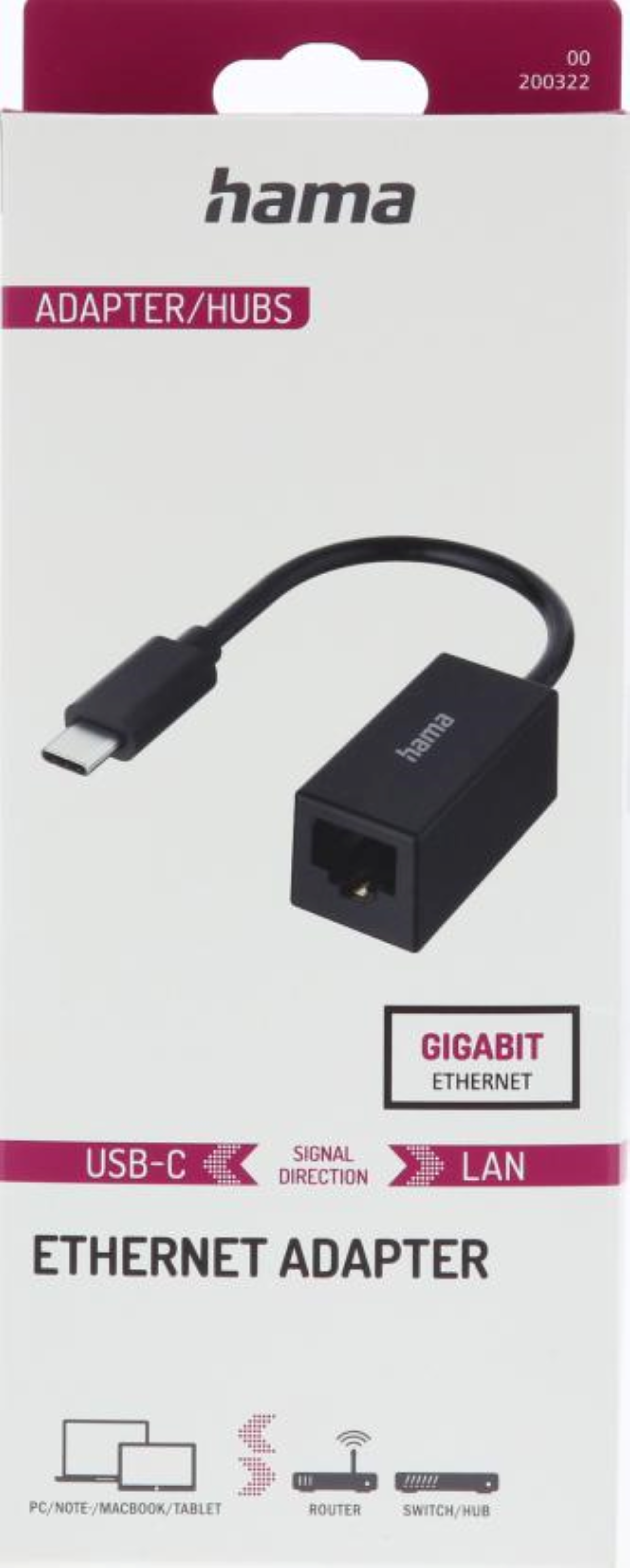 Kutuda Hama USB-C Ethernet adaptörü, adaptör ve kablo görünür.
