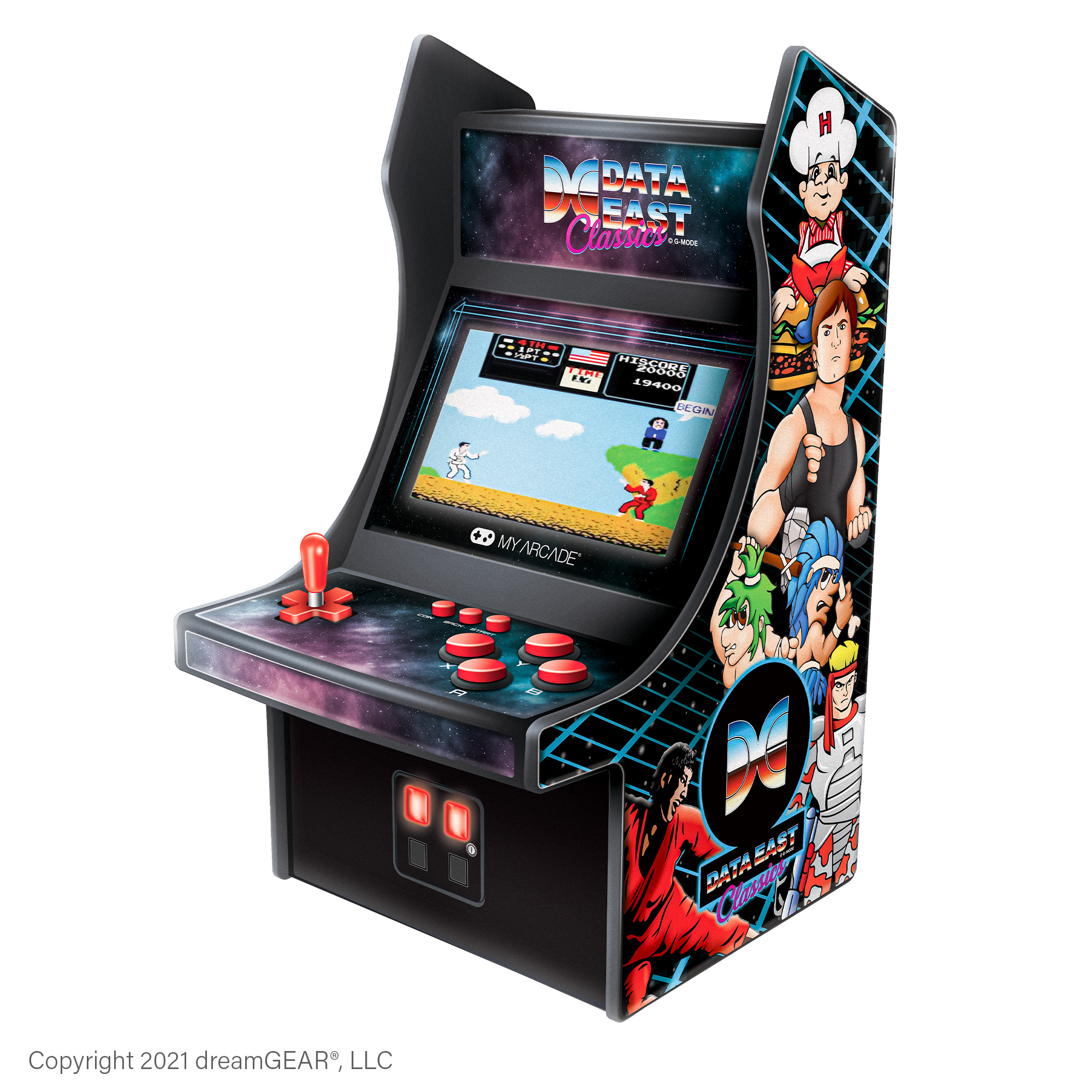 Oyun ekranı, joystick, düğmeler ve karakterlerin yer aldığı yan sanatı olan mini atari makinesi.