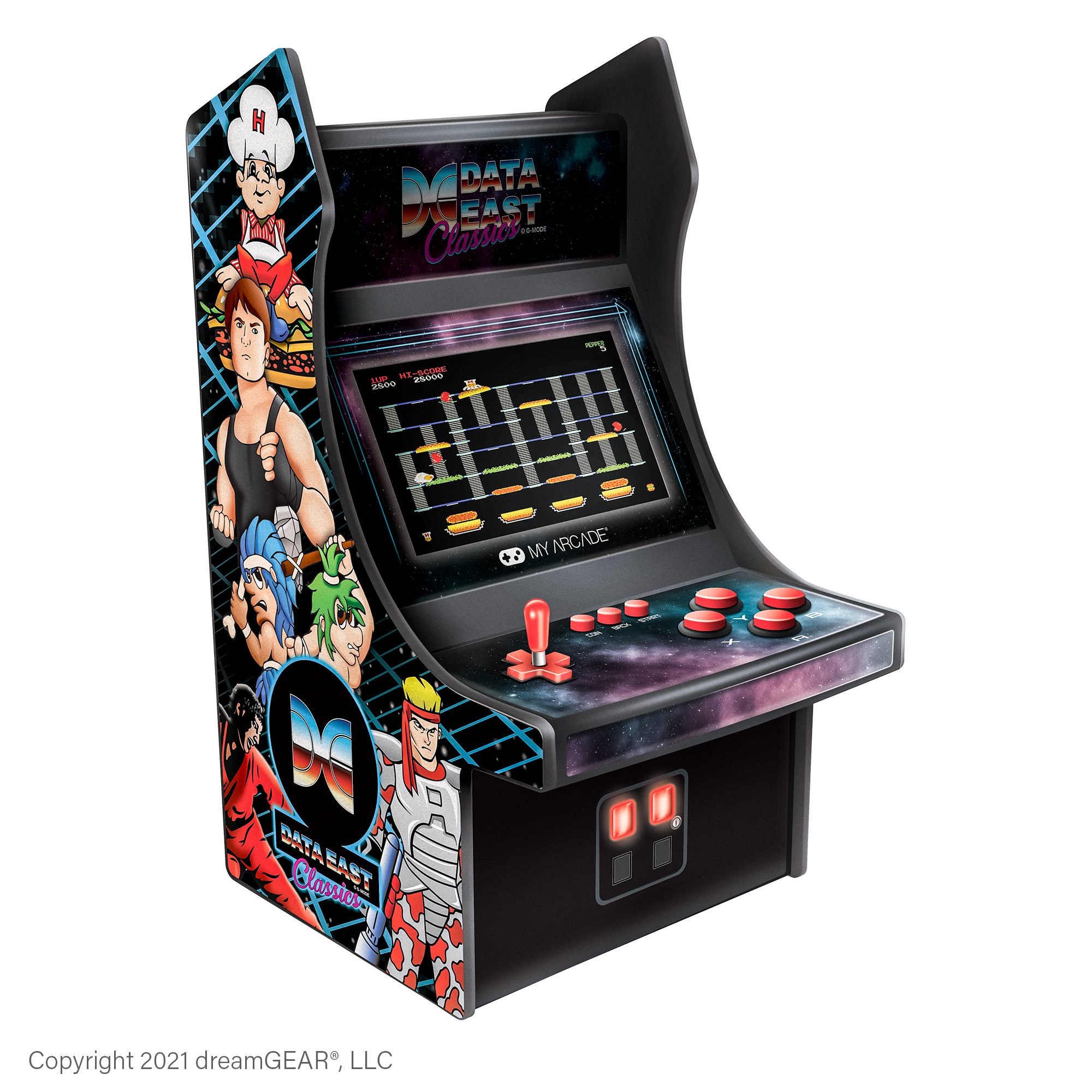 Ekran, joystick, düğmeler ve karakterlerin yer aldığı yan sanatı olan mini atari makinesi.