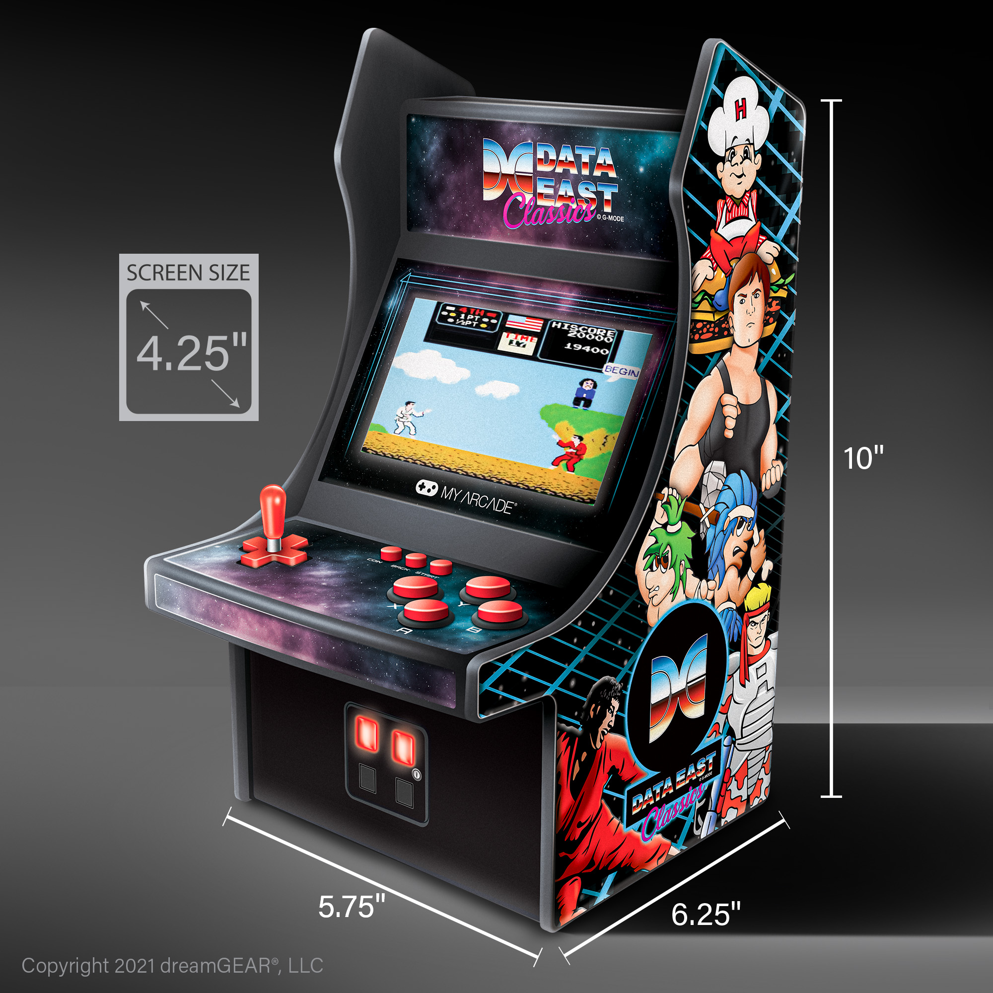 Oyun ekranlı mini atari makinesi. Arka plan siyah.