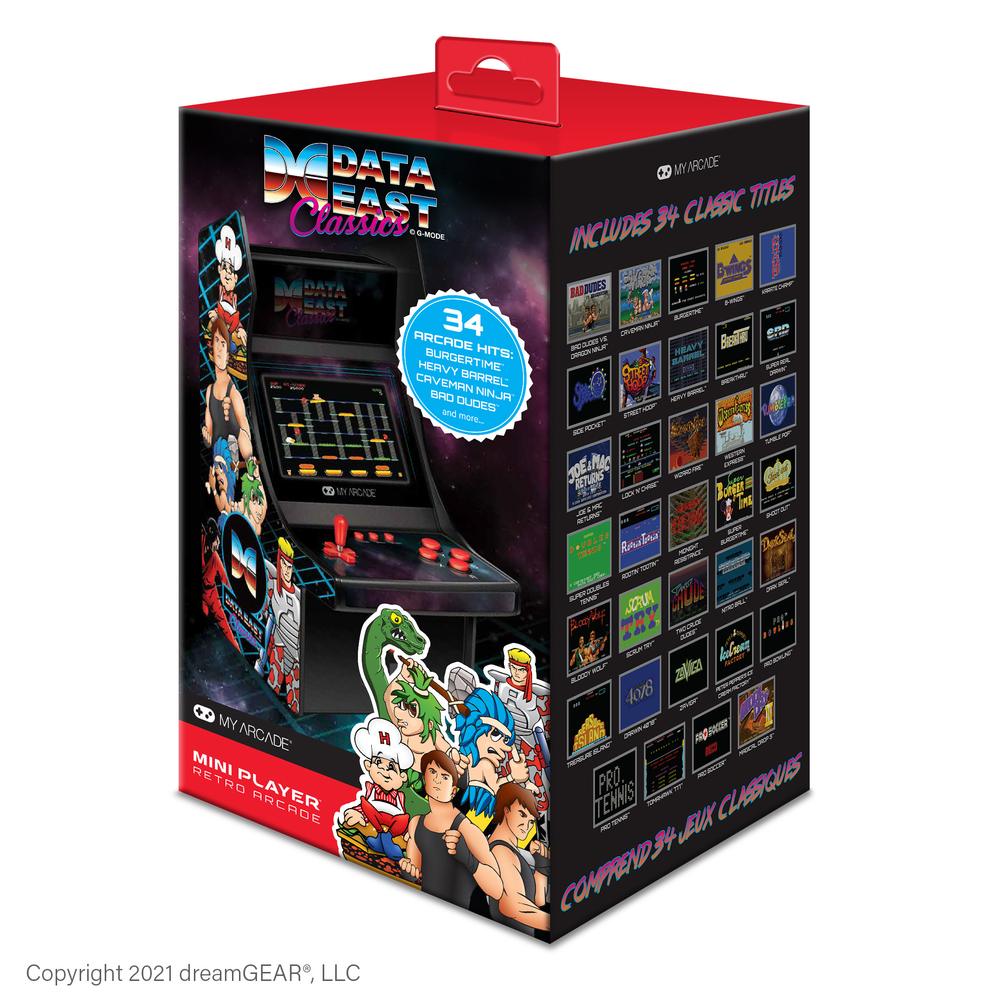 Oyun ekranı, yan sanatı ve kutuda klasik oyunların listesi bulunan mini atari kutusu.