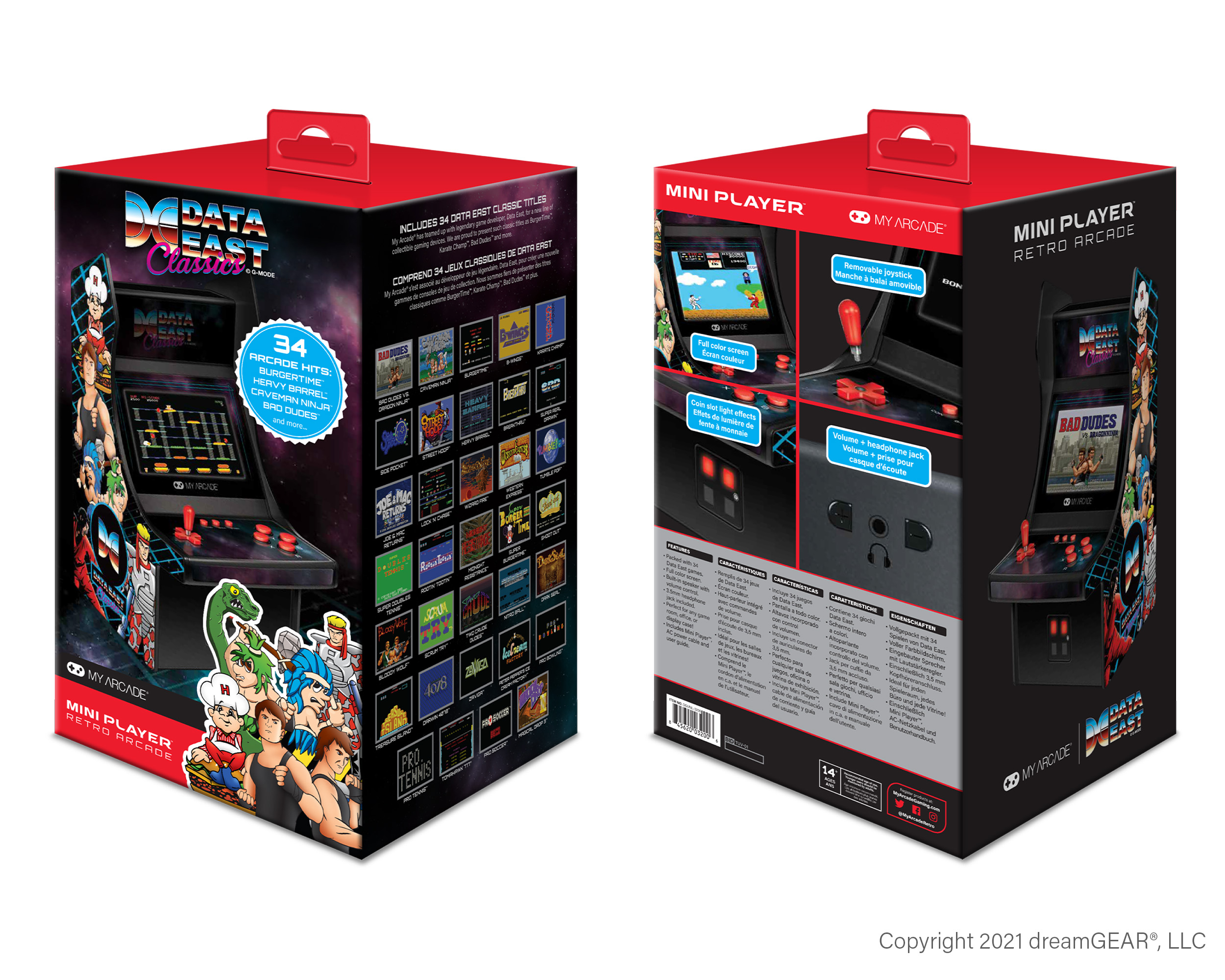 Oyun detaylarını gösteren iki görünümle retro bir atari oyun kutusu.