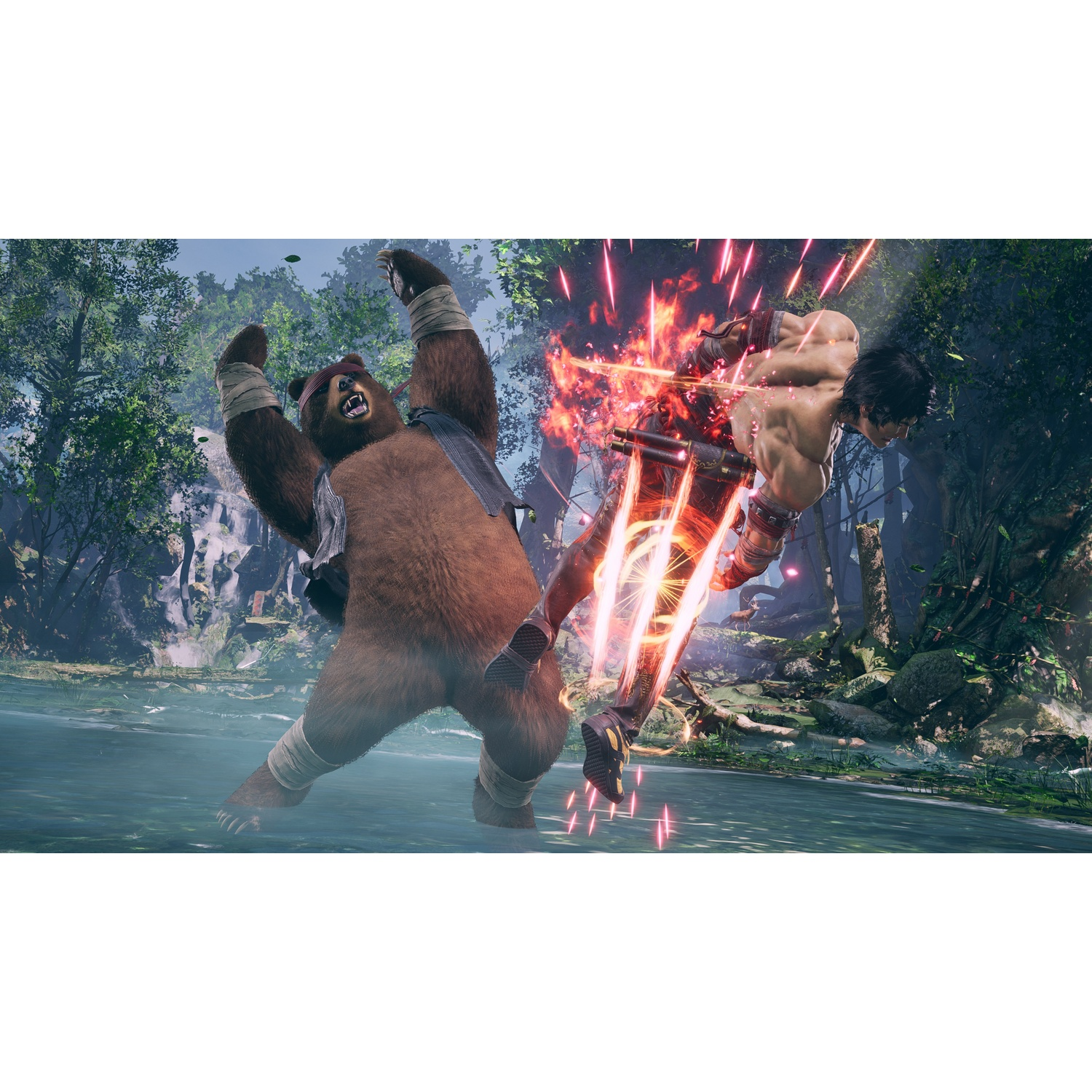 Una scena di un videogioco con un orso che combatte un uomo con effetti di luce.