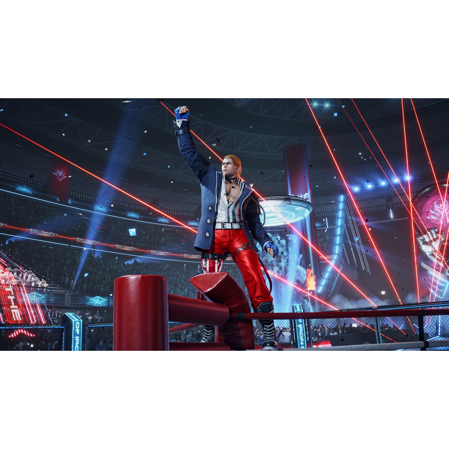 Una scena di un videogioco di un uomo che festeggia in un'arena di combattimento.