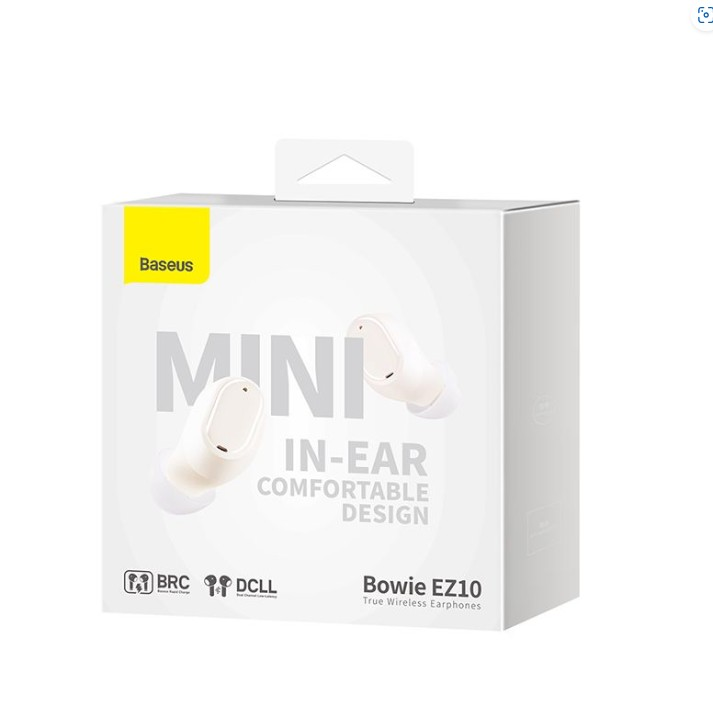 Beyaz Baseus kutusu, kulaklıklarla, bir sloganla ve 'MINI' ve 'IN-EAR' kelimeleriyle.