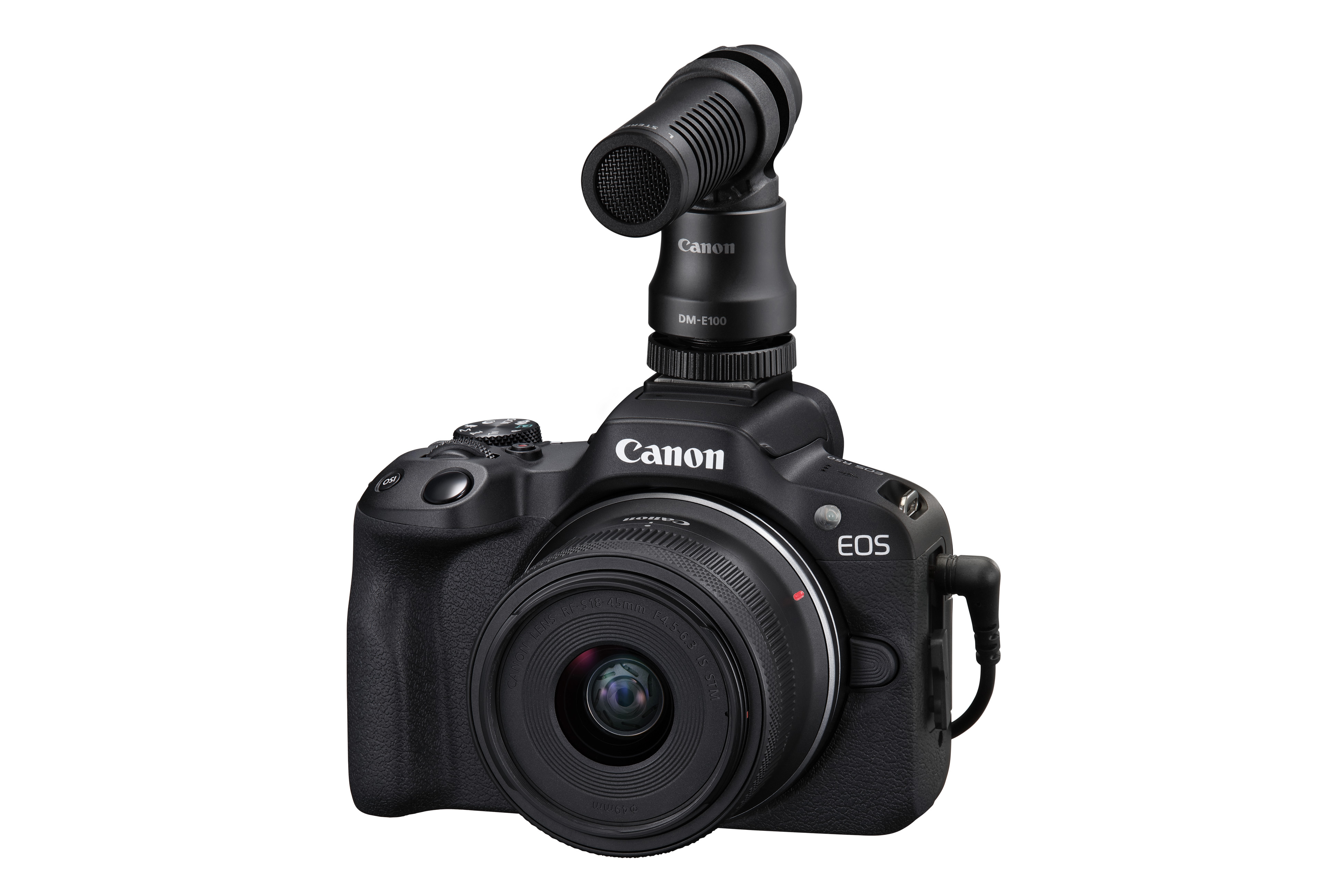 Canon EOS kamera mikrofon takılı. Beyaz arka plan.