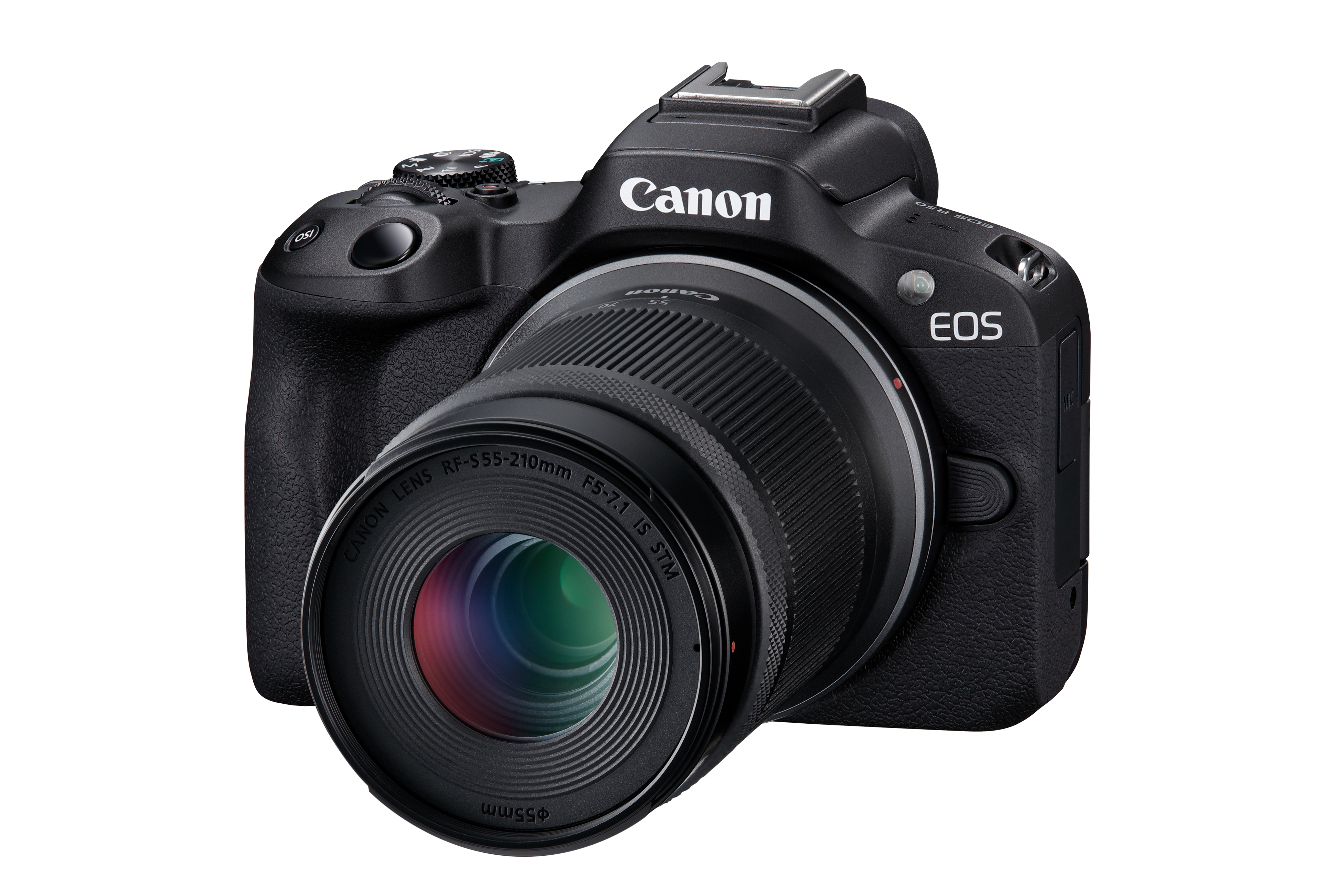 Siyah Canon EOS kamera zoom lensli. Beyaz arka plan.