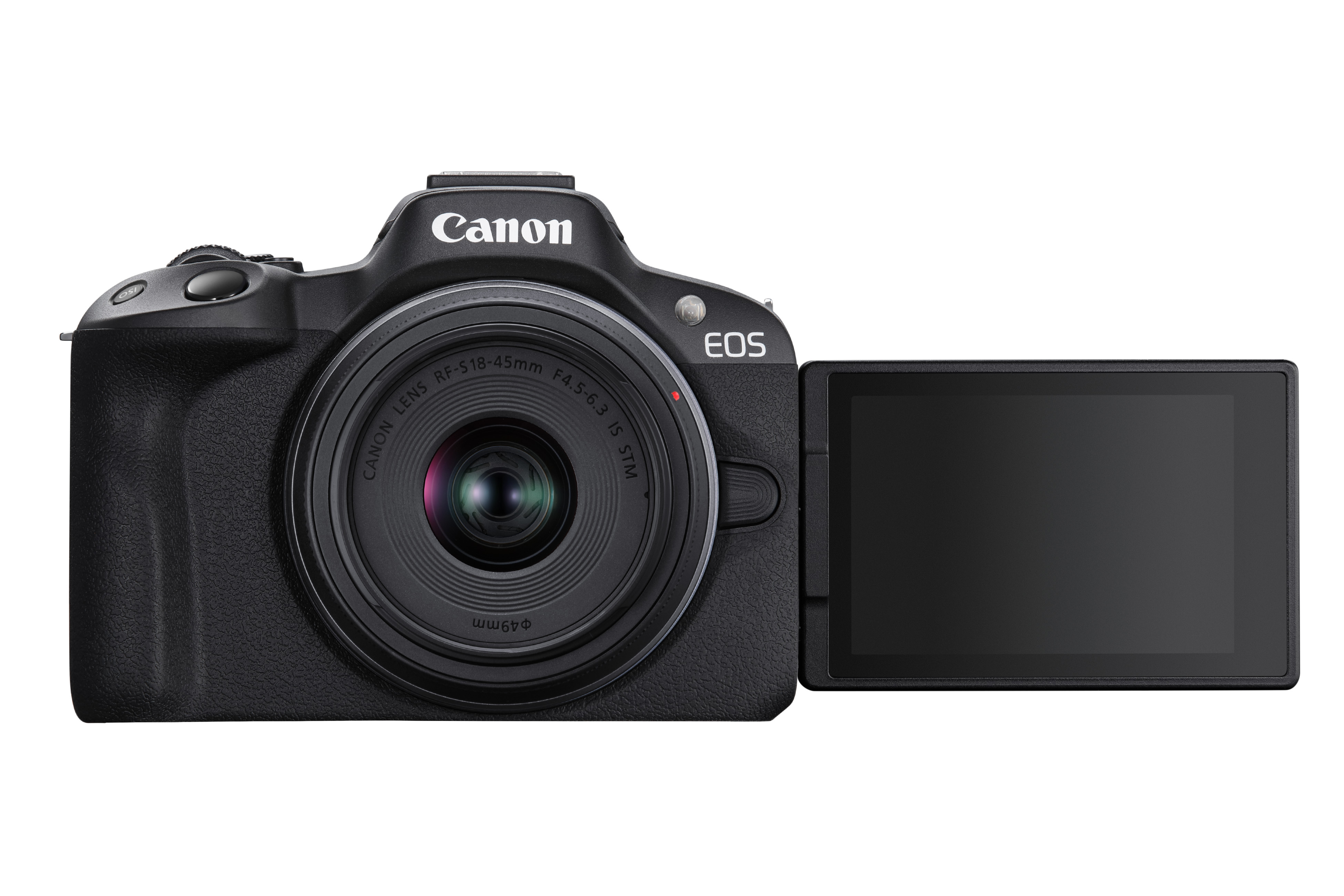 Siyah Canon EOS kamera, lens ve ekran. Ekran açık.