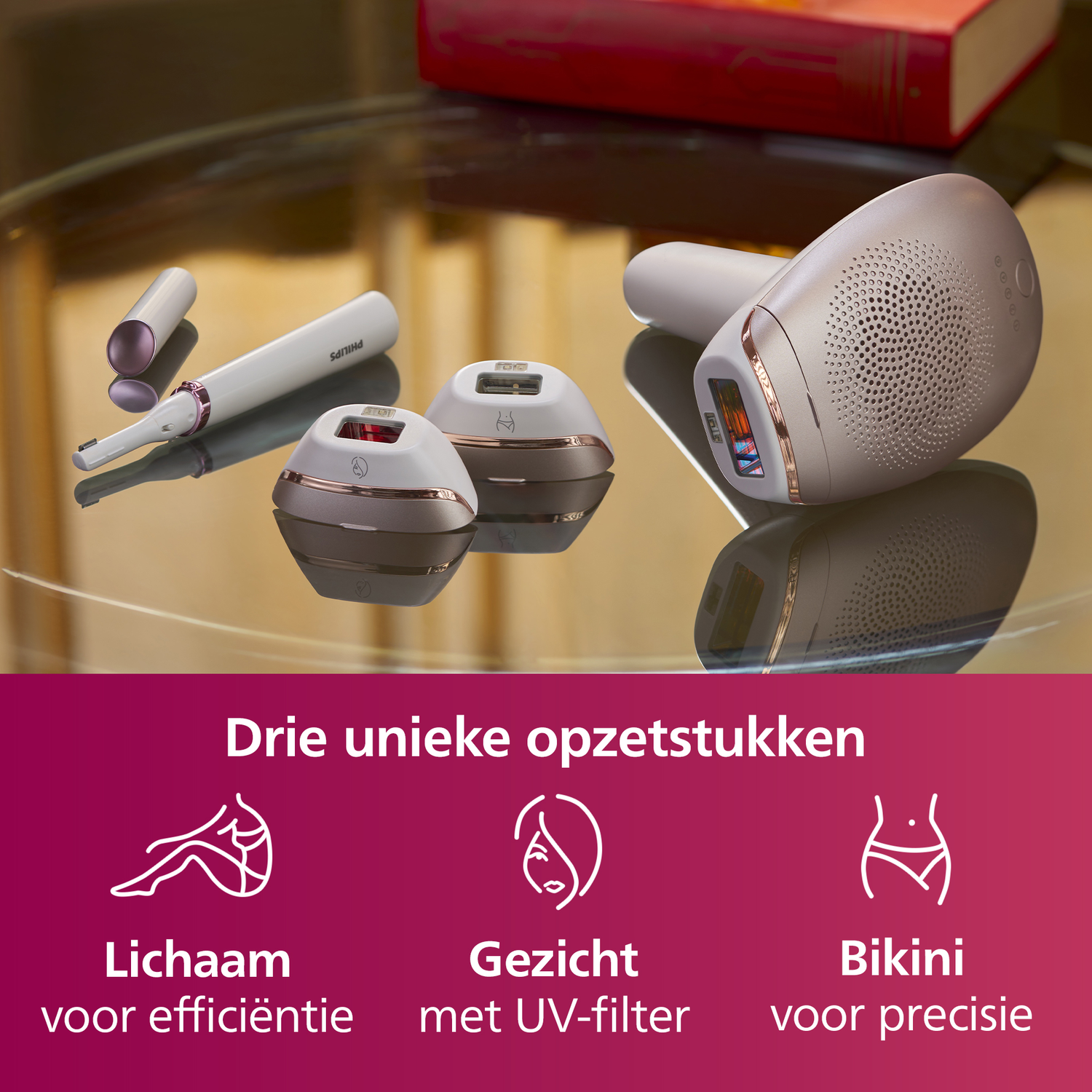Set ontharingsapparaten op een reflecterend oppervlak, tekst: 'Drie unieke opzetstukken'