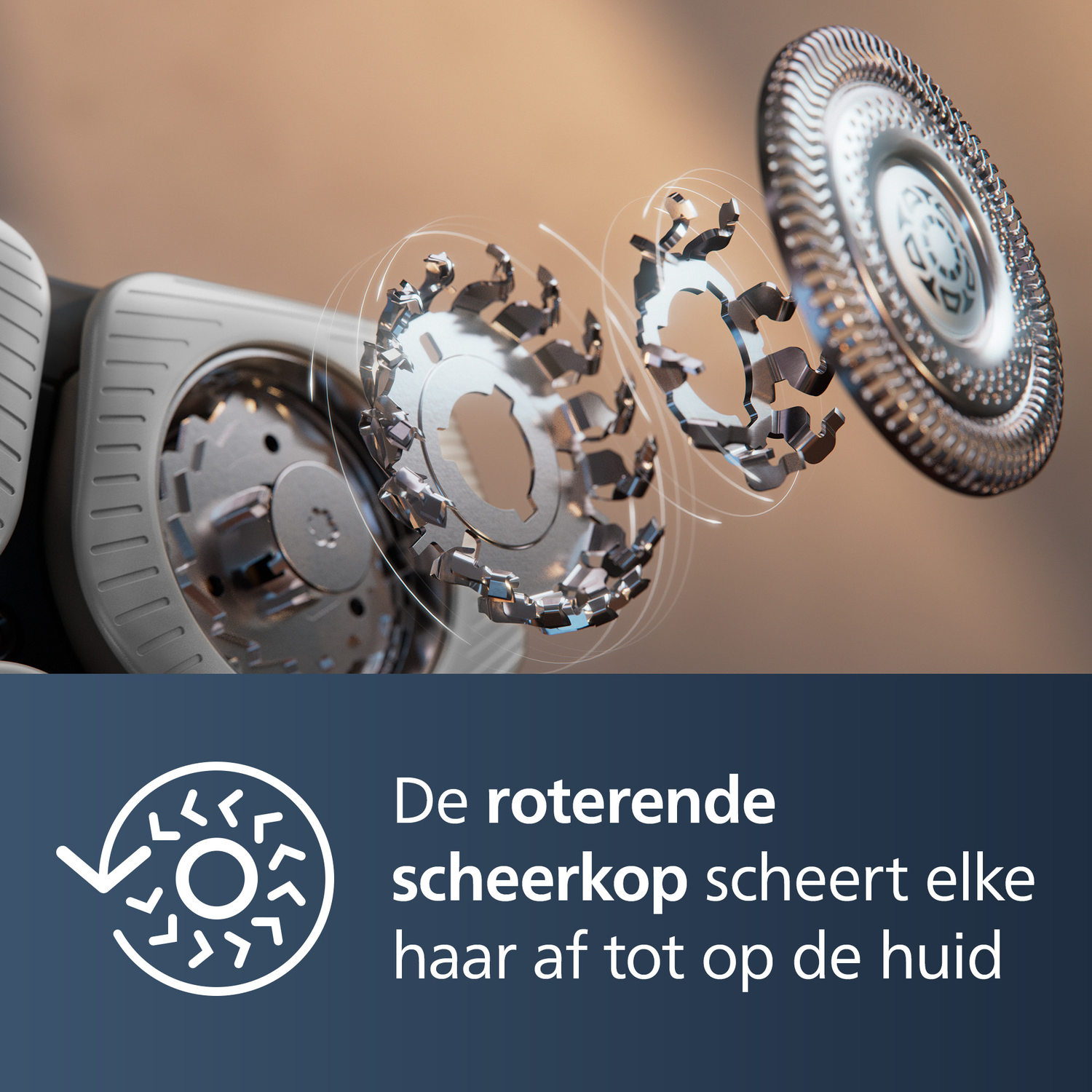 Parts of a shaver, the rotating head, are shown. The background is blurry.